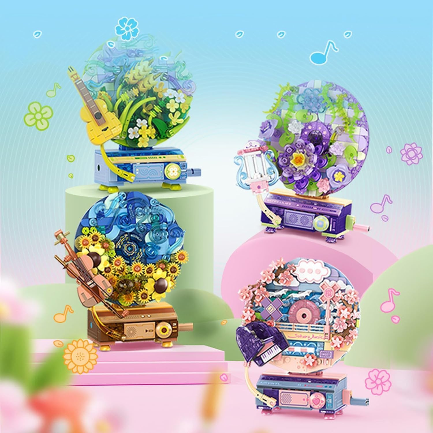 Music Box Botanical Collection Building Block Set,Artificial Flowers Record Player,Water Lilies,Best Gift on Chrismas,Valentine'S Day,Diy Stem Toy for Boys & Girls 6+(367 Pcs) image number 3
