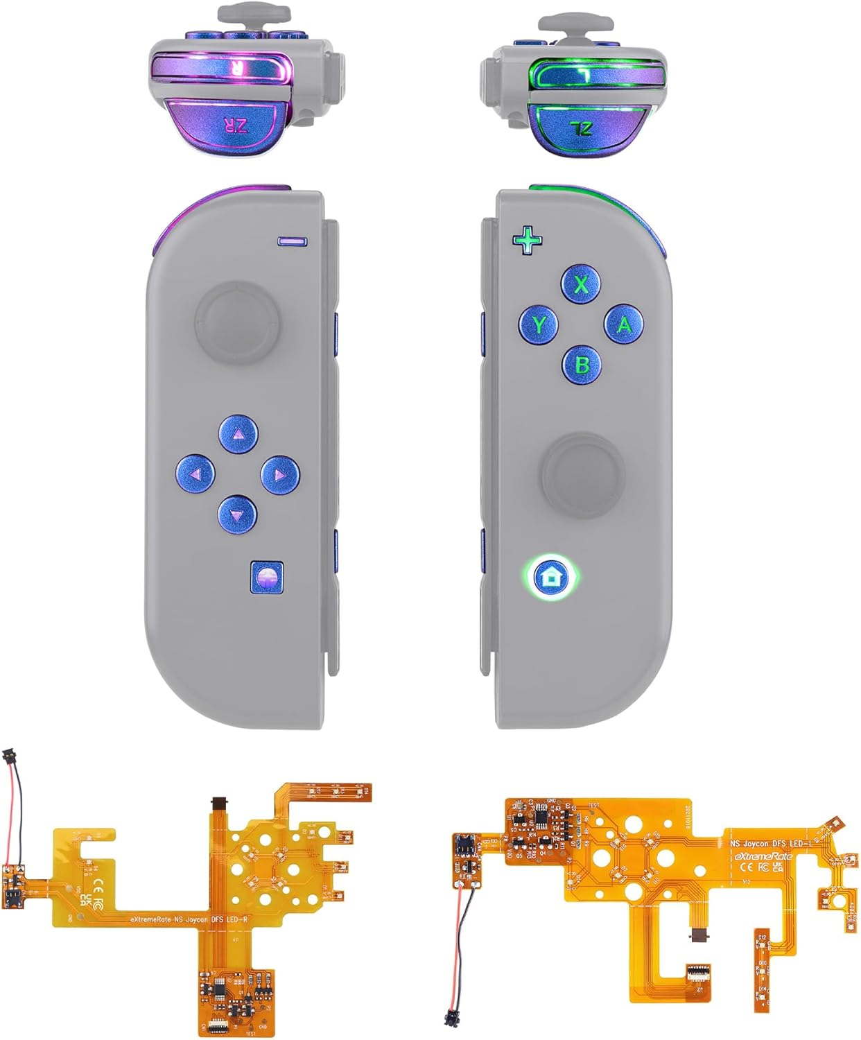 Extremerate 7 Colors 9 Modes NS Joycon DFS LED Kit, Multi-Colors Luminated Chrome Gold Classical Symbols ABXY Trigger Face Buttons for Nintendo Switch & Switch OLED Model Joy-Con - Joycon NOT Included