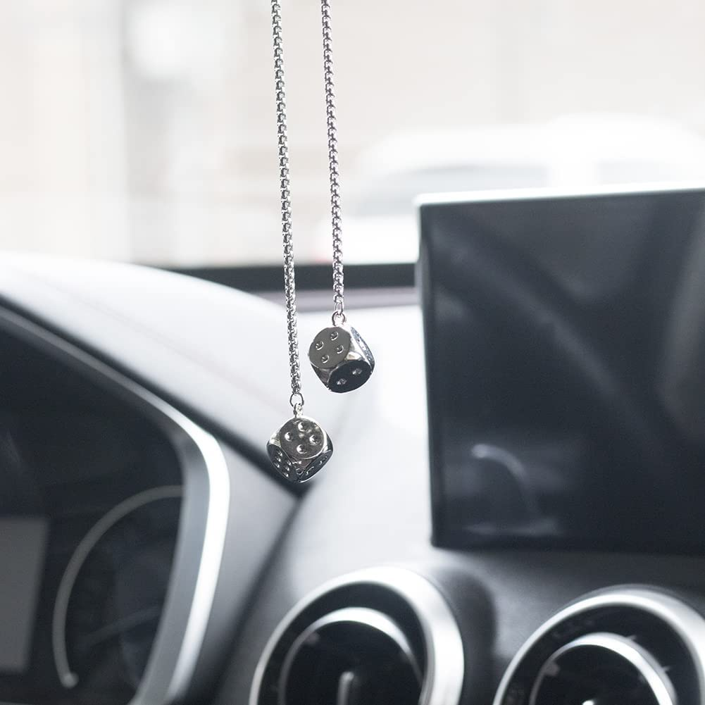 Creative Hanging Dice with Dots Car Metal Pendant Rear View Mirrors Charms Ornament (Silver) image number 3