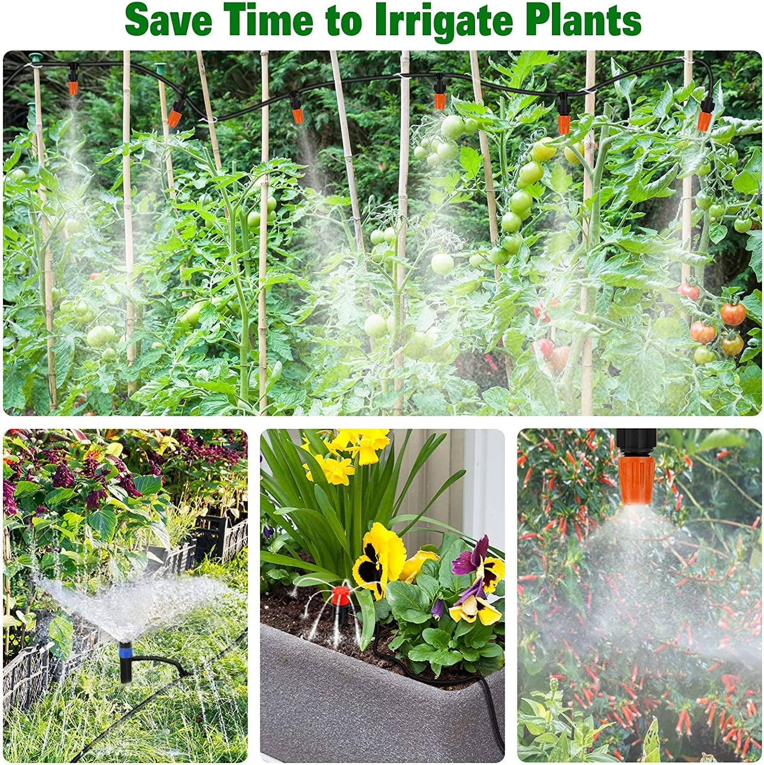 Drip Irrigation Kit, 100Ft/30M Mist Irrigation Kit Garden Watering Automatic System DIY Irrigation Tubing Kits with Hose Atomizing Nozzles Drippers Drip Connectors, for Flower Bed, Lawn, Patio Plants image number 4