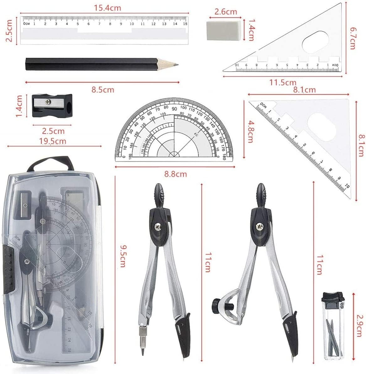 Geometry Compass Sets,Geometry Set Math Compass,Math Compass for Geometry Set,10Pcs Math Geometry Kits Compass Maths Tool with Compass,Protractor,Ruler Eraser, Pencil,Pencil Sharpener,Refills,Box image number 1