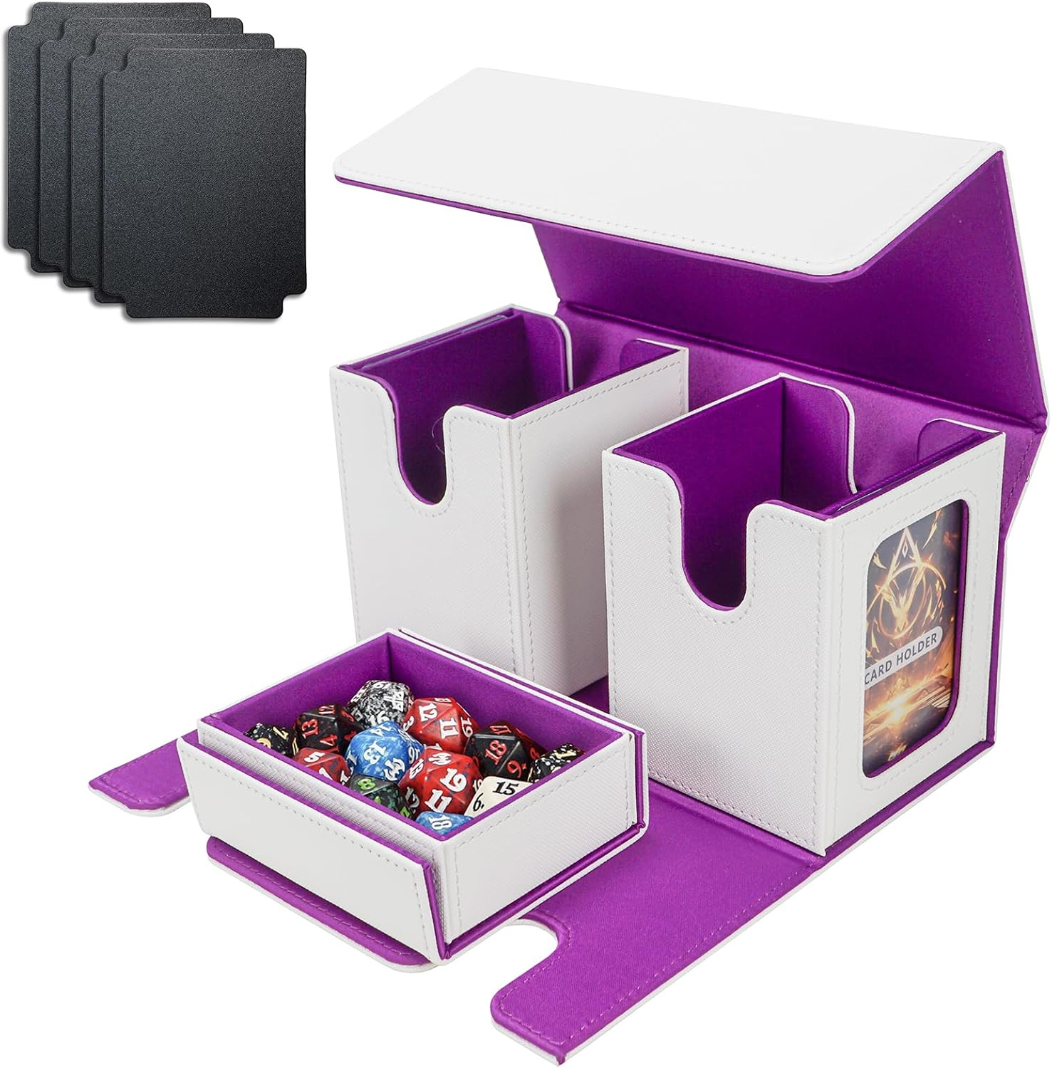 AFIING MTG Commander Card Storage Box - Fits 200 Double Sleeved Cards,3-In-1Card Deck Case,Strong Magnet Card Organizer for Magic Commander TCG Ccg,4Dividers &2 Toploaders, Black/Blue image number 6