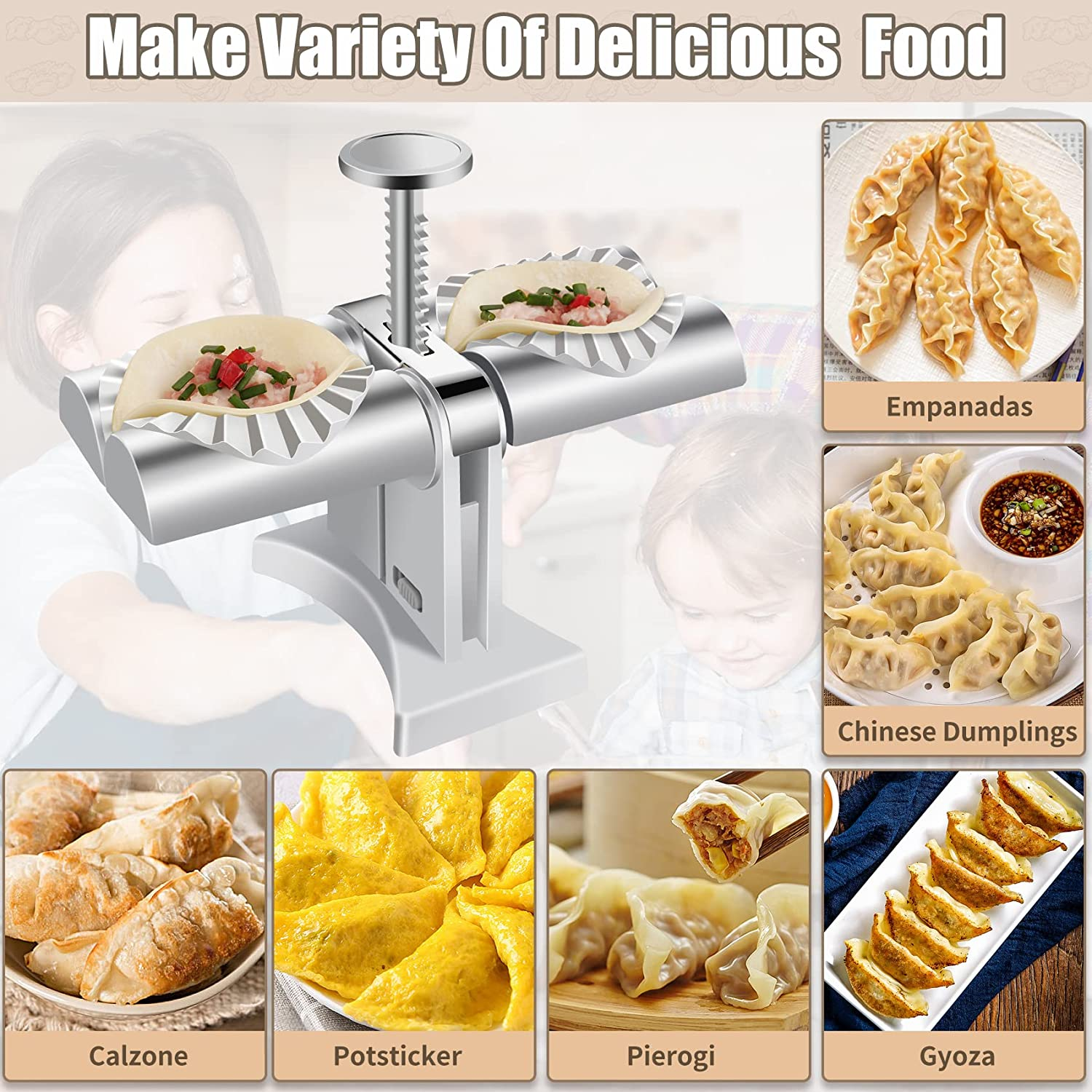 GUYUE Double Head Automatic Dumpling Maker Machine - Mould for Quick Empanadas Making at Home - with Skin Maker, Stuffing Spoon, and Press Wrapper Tool image number 2