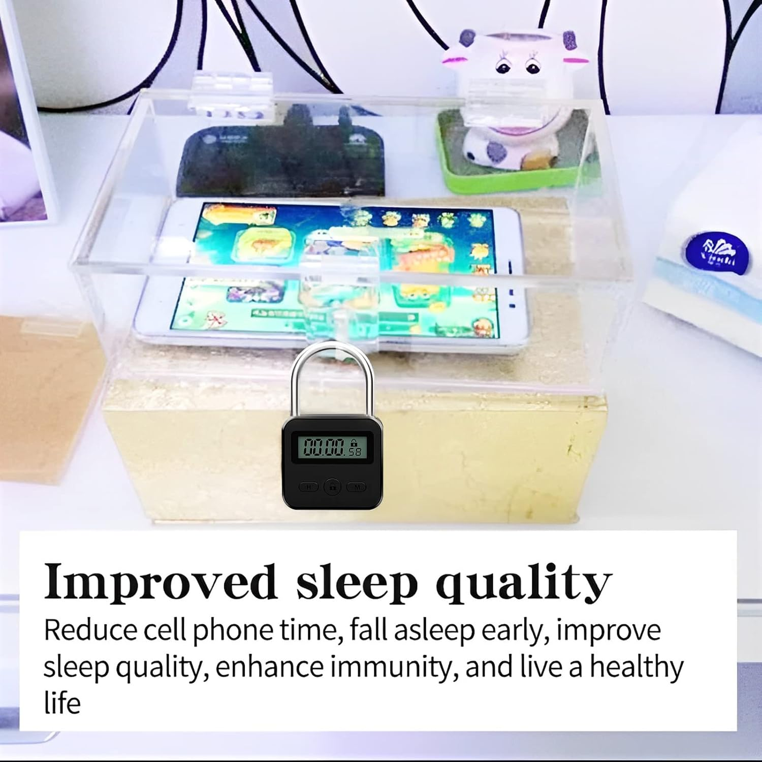 Combination Lock,Metal Timer Lock,Usb Rechargeable Time Timer Padlock with 1M Spring Rope,99 Hours Max Timing Self-Discipline Anti-Addiction Timed Padlock (Black) - Black image number 2