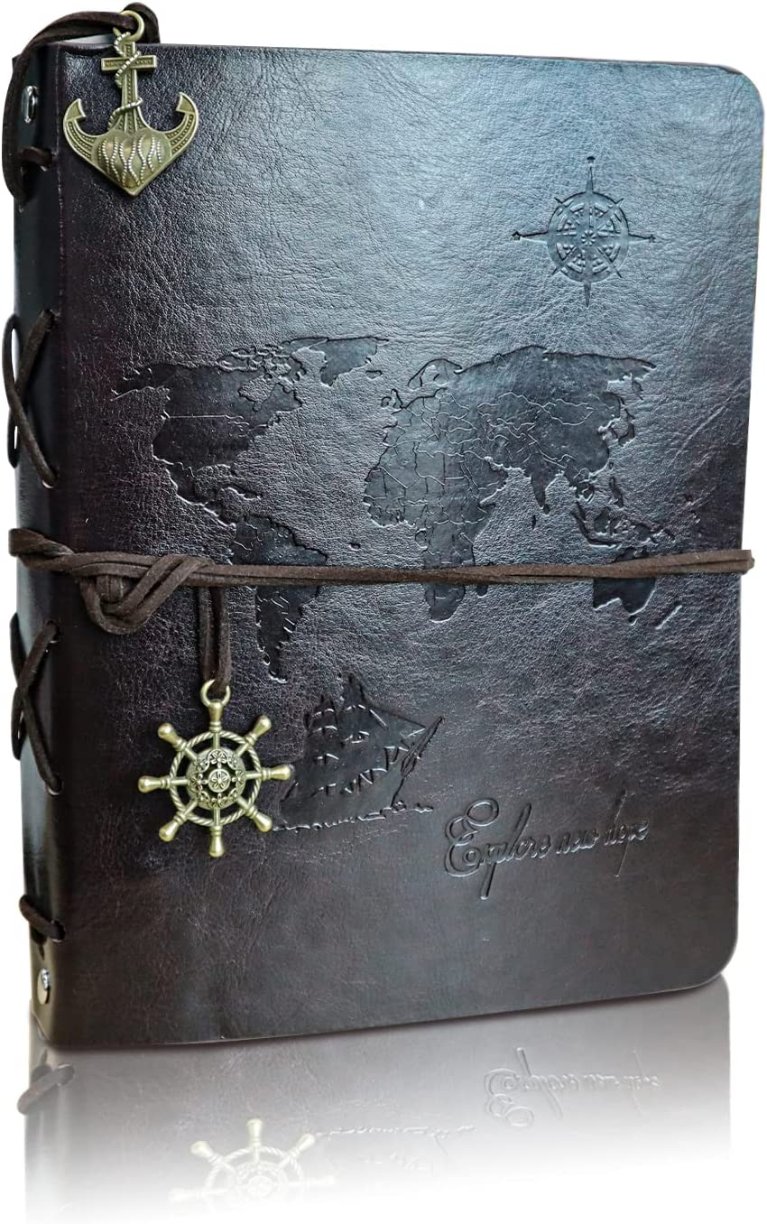 Leather Photo Album, Scrapbook Album with Retro Pendents, DIY Travel Vintage Photo Album, Family Photo Book Refillable 60 Pages for Anniversary Birthday Wedding (Red)