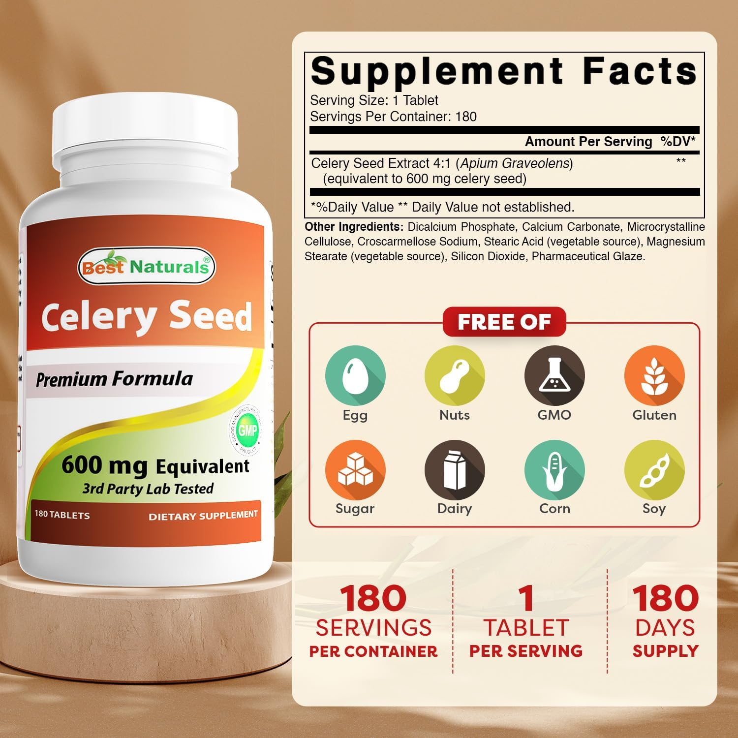 Best Naturals Celery Seed 600 Mg Tablet, 180 Count image number 4