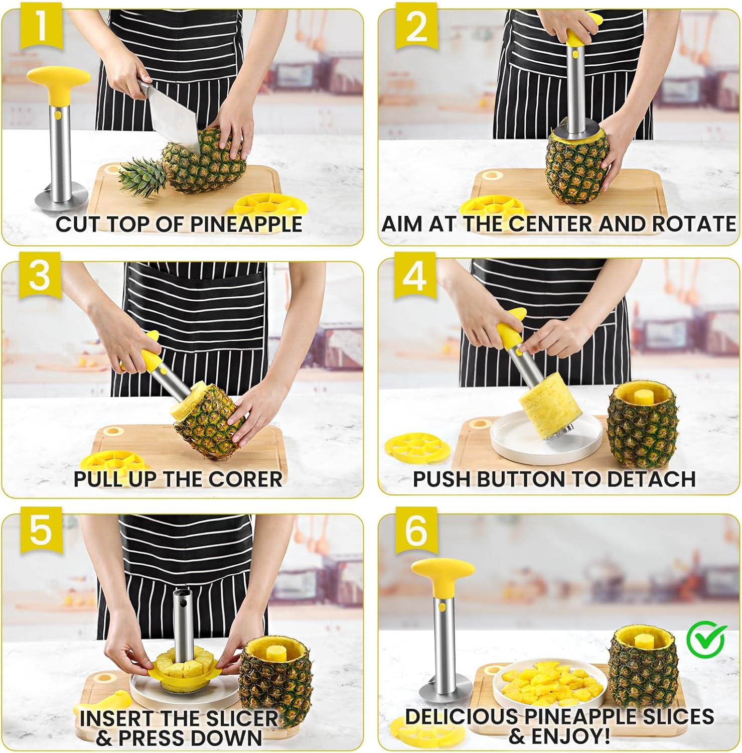 Premium Pineapple Corer and Slicer Tool - Pineapple Cutter with Sharp Serrated Tips - Easy to Use & Clean - Stainless Steel Core Remover for Pineapple - Slice and Core Fruits with Ease(Yellow)