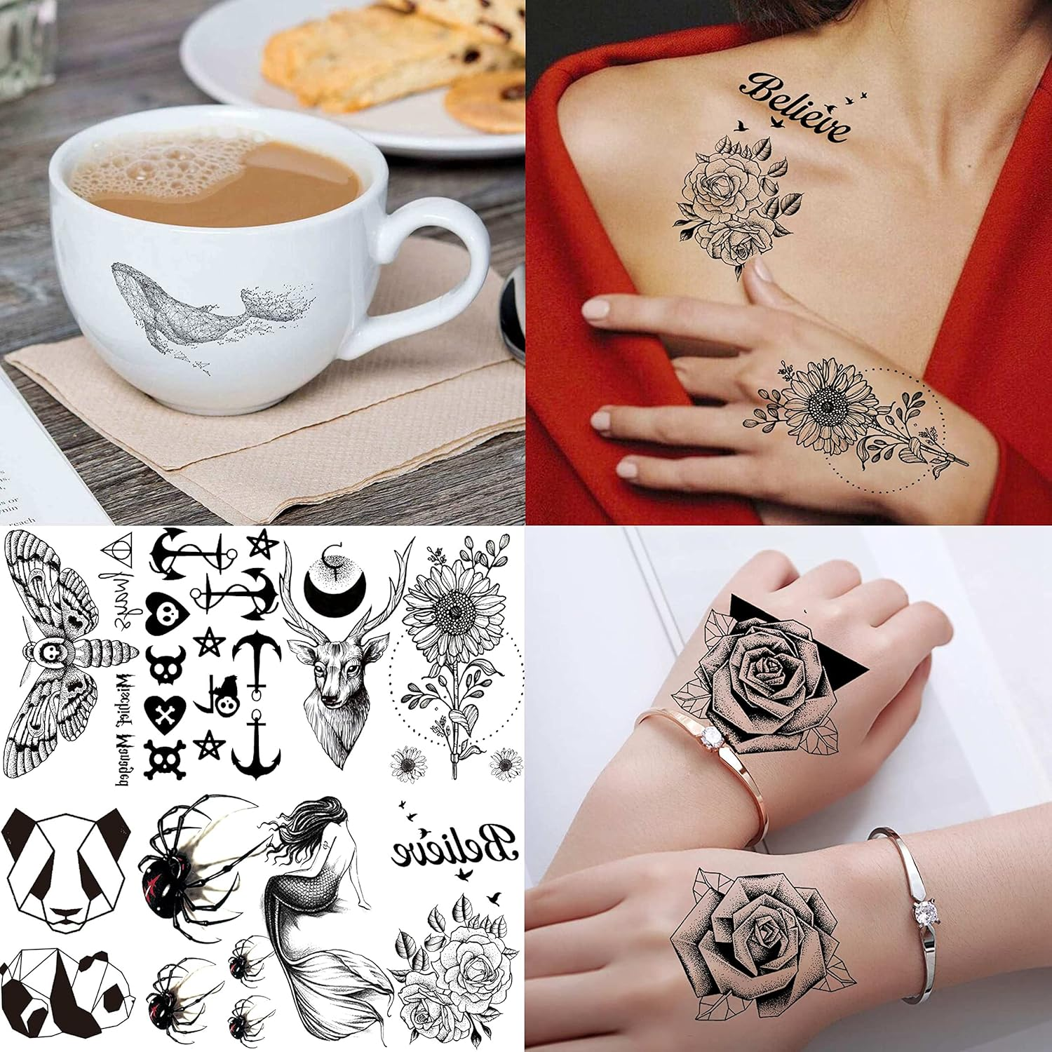 66 Sheets 3D Small Black Temporary Tattoos for Women Men Waterproof Fake Tattoo Stickers for Face Neck Arm Children Flower Birds Star Realistic Tatoo Kits for Boy Girls Adults image number 3