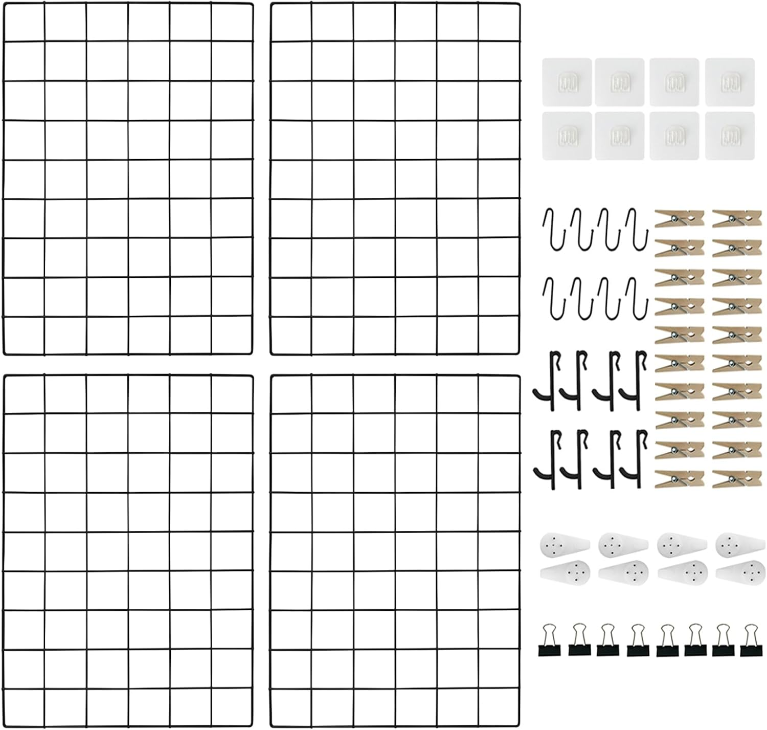 Metal Grid Wall Panel, Photo Display Organizer, 17.3"&times;11.8" Rose Gold Wire Board, Picture Frame, 4-Pack Mesh Memo Board with Clips and Hooks