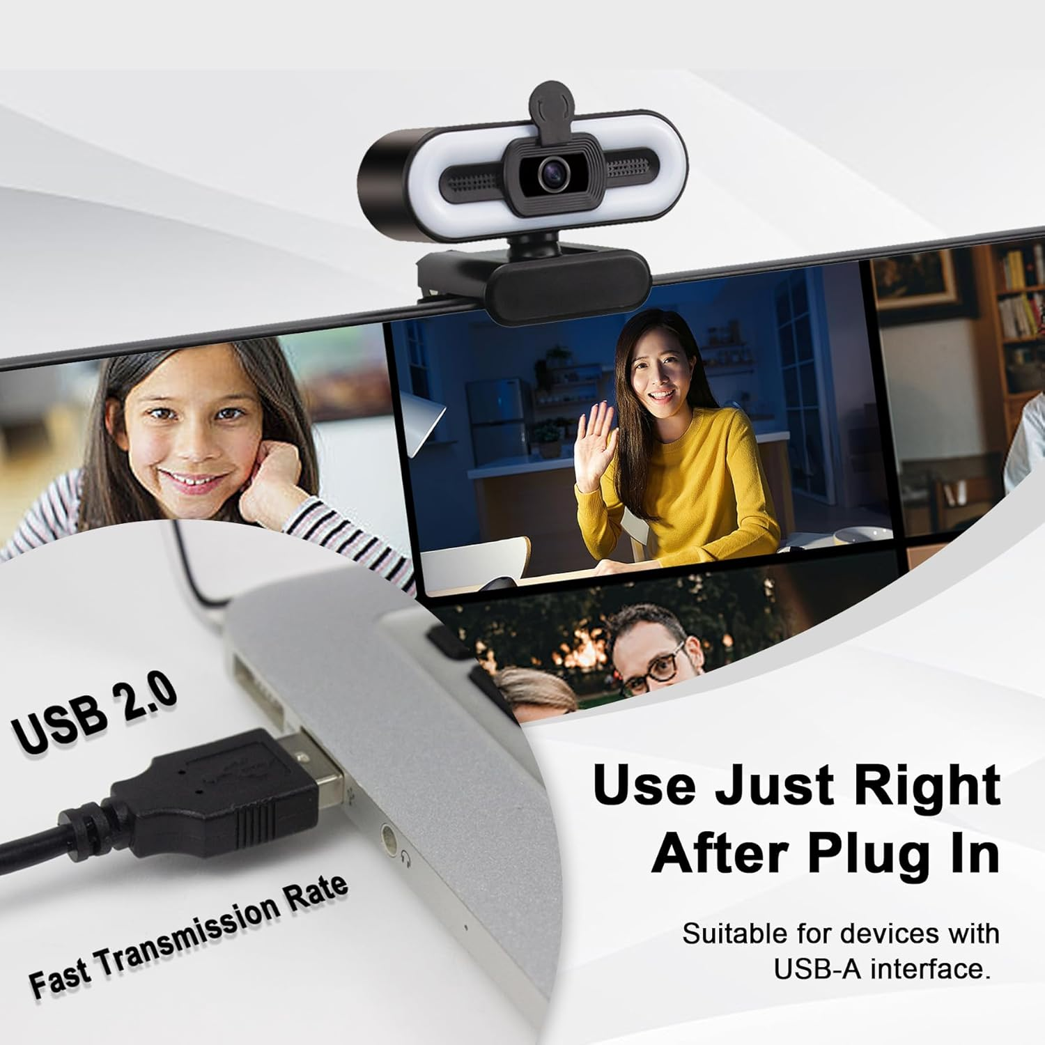 4K Webcam Streaming Webcam with Light and Privacy Cover, Noise-Reducing Dual Microphone,360 Degree Rotable Auto Focus Web Camera