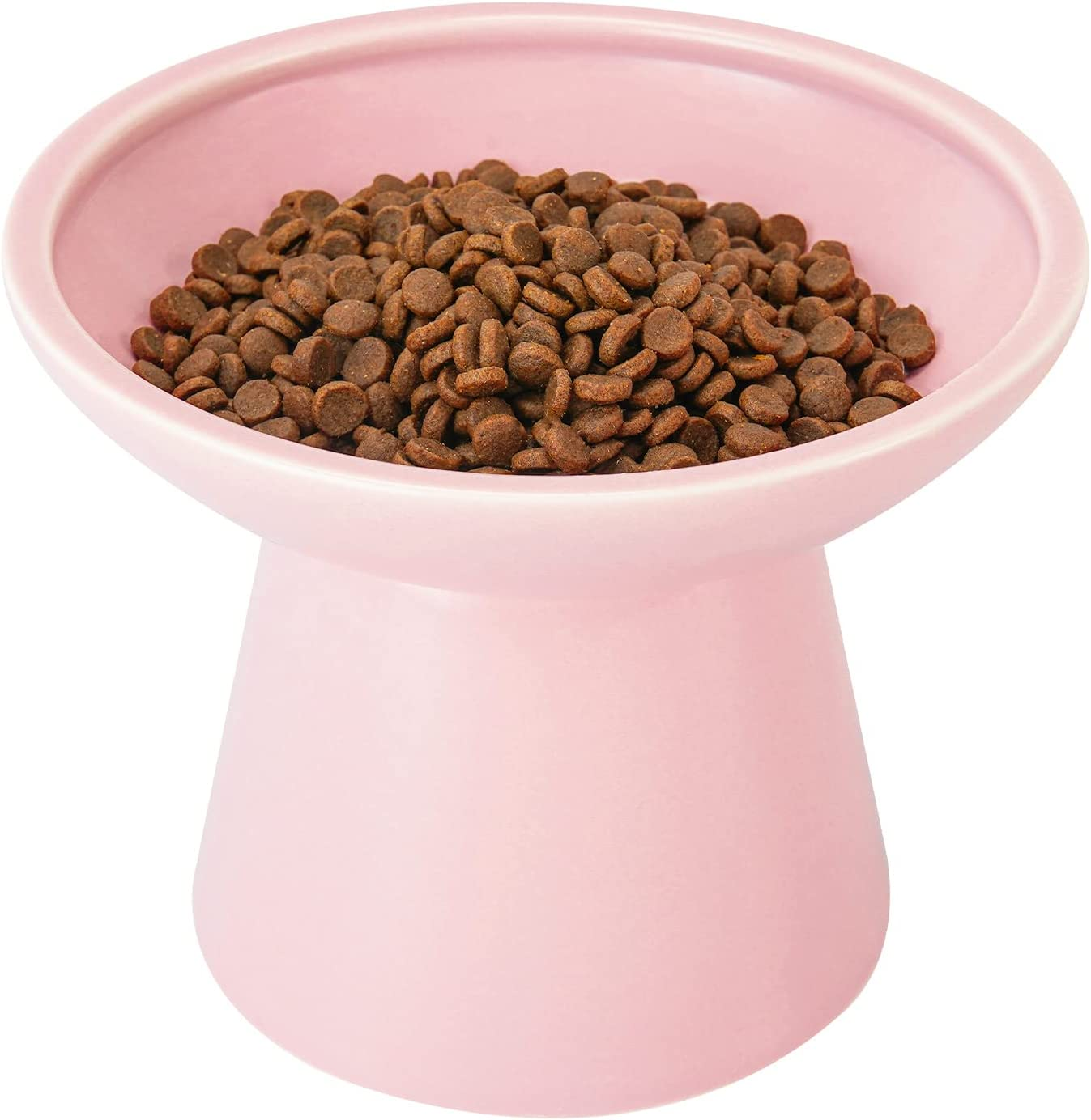 Extra Wide Elevated Cat Bowls - Ceramic Food Bowl 6.2" Raised, Shallow Dish for Whisker Fatigue, Lead & Cadmium Free, 5" Good Height for Feeding - Pink