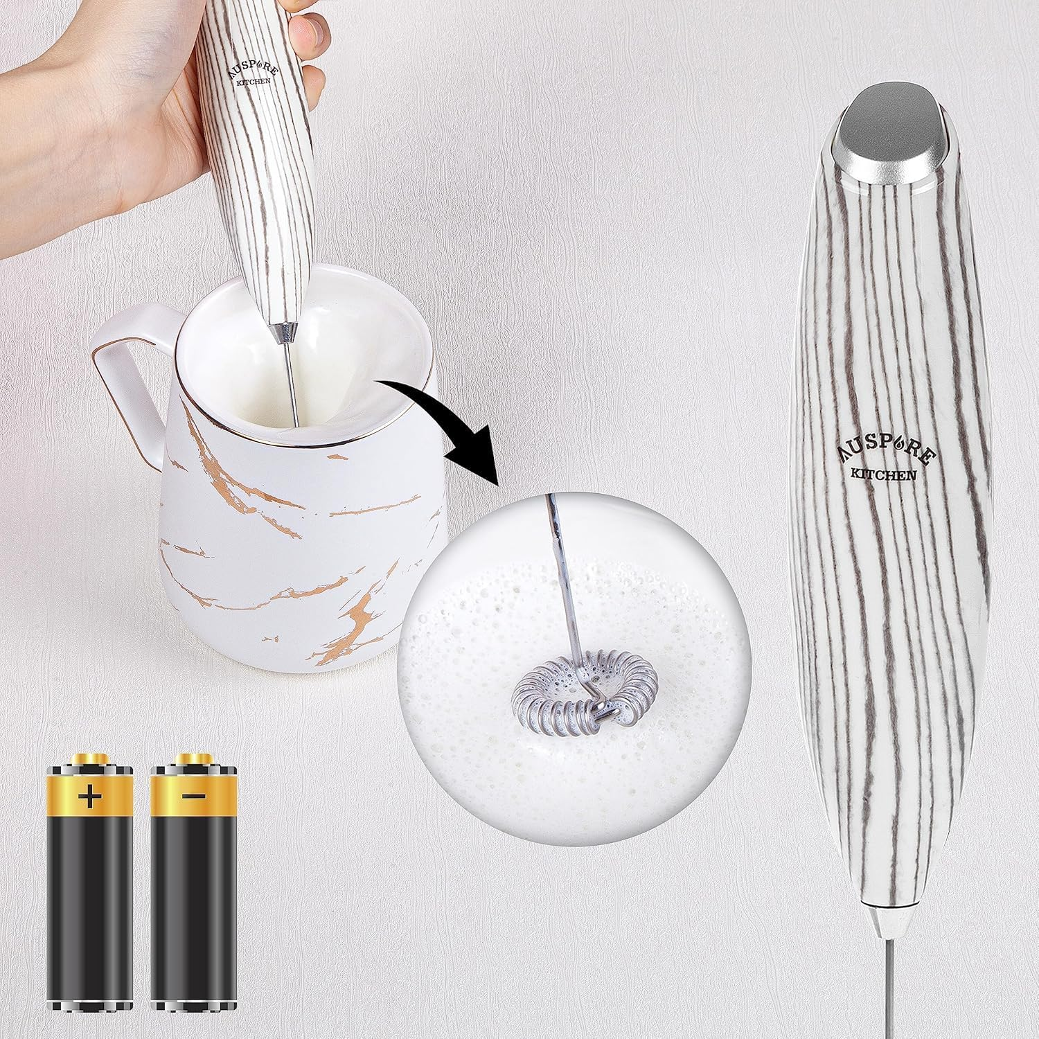 AUSPURE Milk Frother Handheld, Electric Stainless Steel Whisk for Coffee, Latte, Cappuccino, Hot Chocolate, Matcha & Protein Drinks - Battery Operated, White Wood image number 3