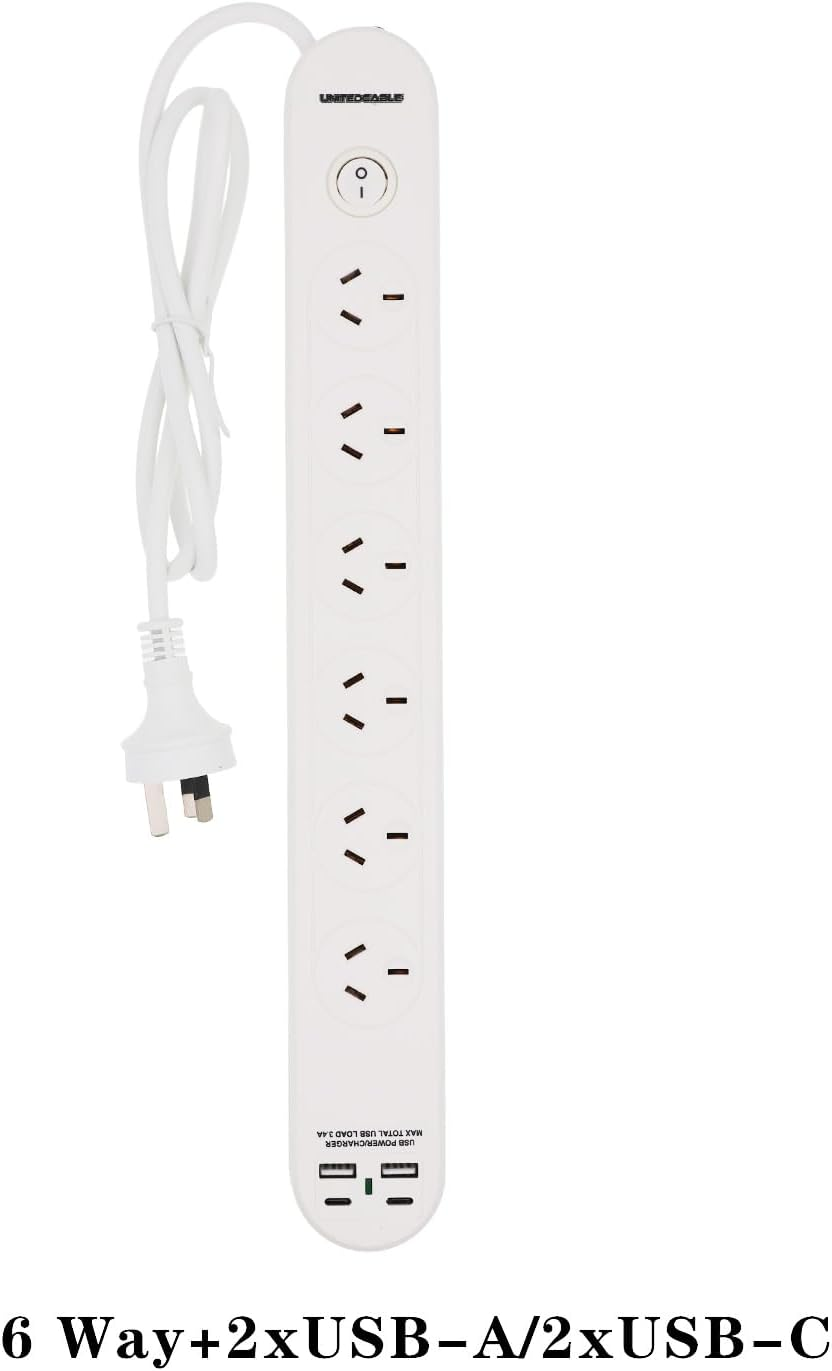 6 Outlets Power Board Overload Protection with 2Xusb-A 2Xusb-C,Power Board with Protected Indicator Light with 1 Meter Cable SAA Apporved Safety Wall Mounted 6 Outlets with 2Xusb-A/2Xusb-C Ports image number 1
