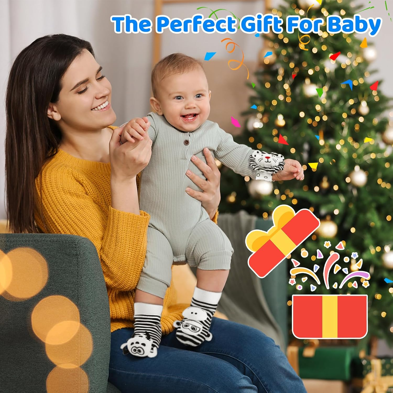 Baby Socks & Wrist Rattles Toys for 0-12 Month,Black and White High Contrast Baby Toys 0-6 Months,Baby Boy Girl Gifts 0-3 3-6Month Toy,2 3 4 Month Old Baby Toys,Infant Sensory Newborn Toys image number 1