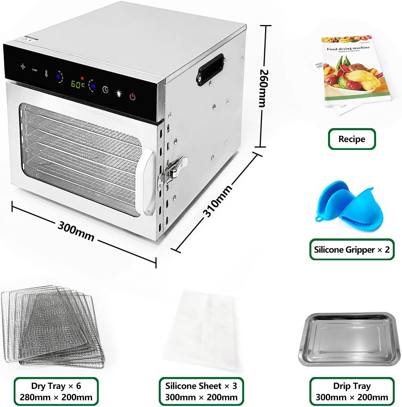 Stainless Steel Food Dehydrator, Oiyocemo 6 Tray Fruit Dryer Machine with Free Recipe Book, Bpa-Free, 30~90℃ Temperature Setting, Max 24H, Dehydrator Food Dryer for Vegetables, Meats, Chili image number 2