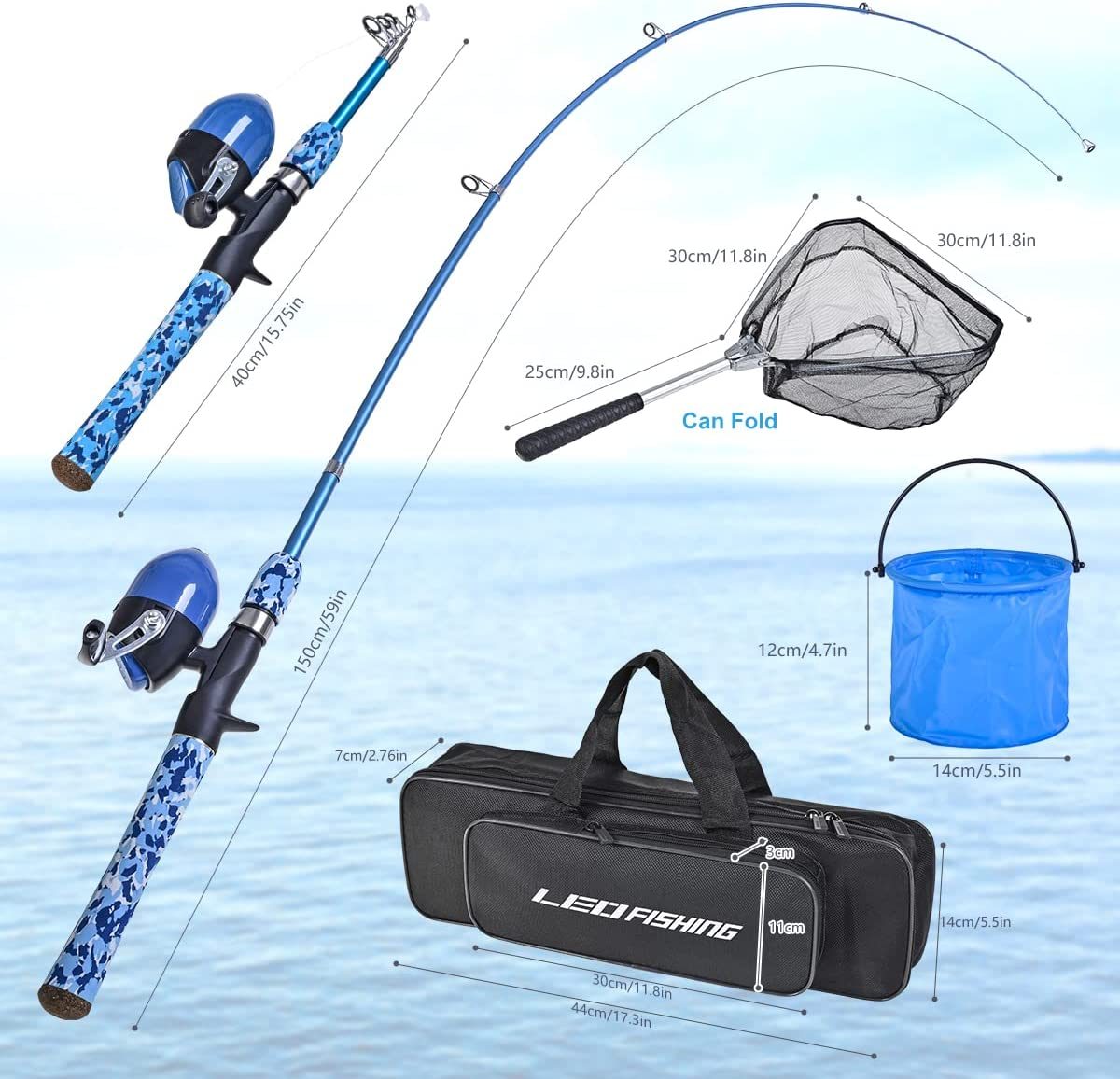LEOFISHING Kids Fishing Pole Set with Full Starter Kits Portable Telescopic Fishing Rod and Spincast Reel with a Fishing Net and Bucket for Boys Girls and Youth - Blue+Orange image number 6