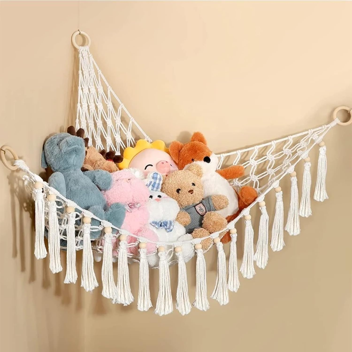 Stuffed Animal Toy Hammock Corner Organizer Display Rack - Bohemian Net Bag for Hanging Toys - 44 in Tassel Storage Rack image number 1