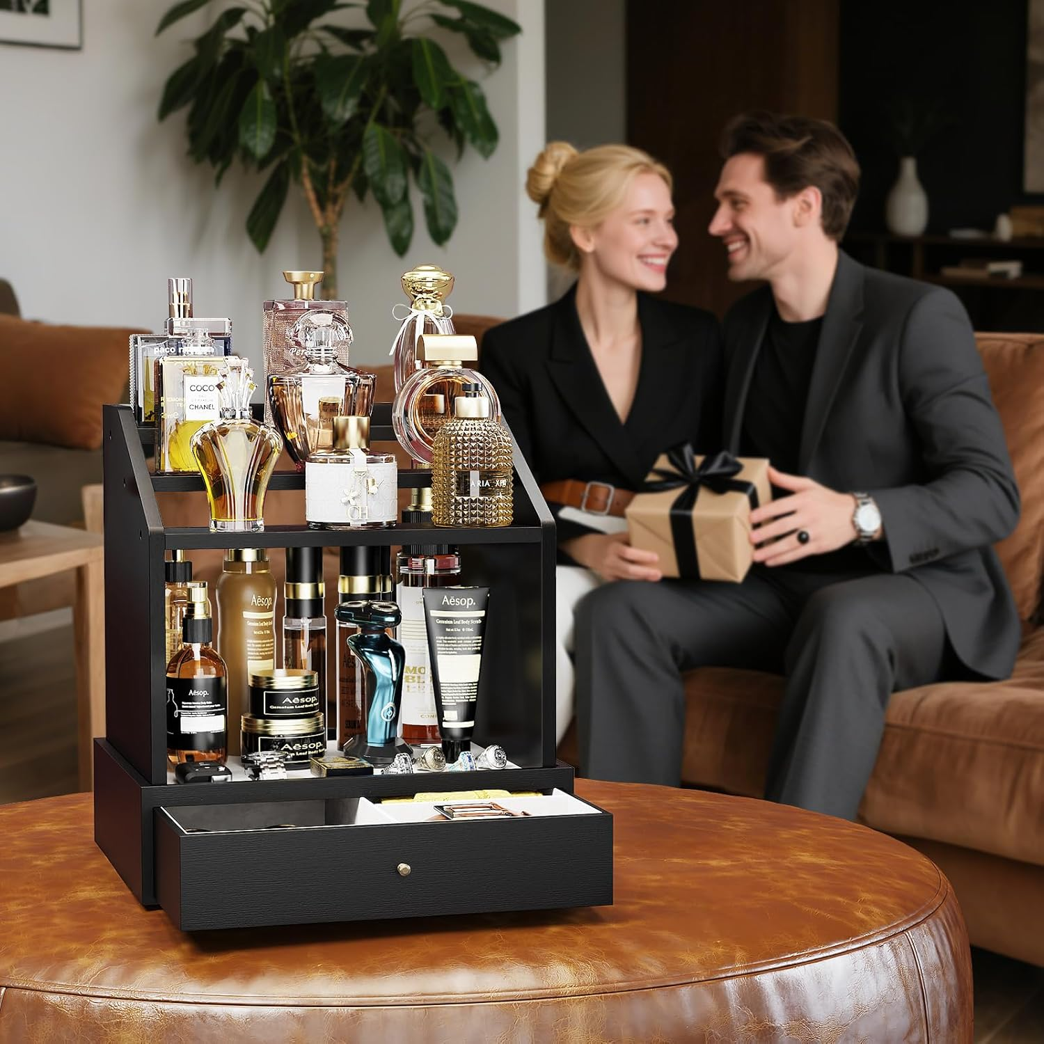 Cologne Organizer for Men, Large Capacity Perfume Organizer with Drawer, Cologne Storage Perfume Display Stand, Wooden Cologne Holder for Dresser, Black image number 1