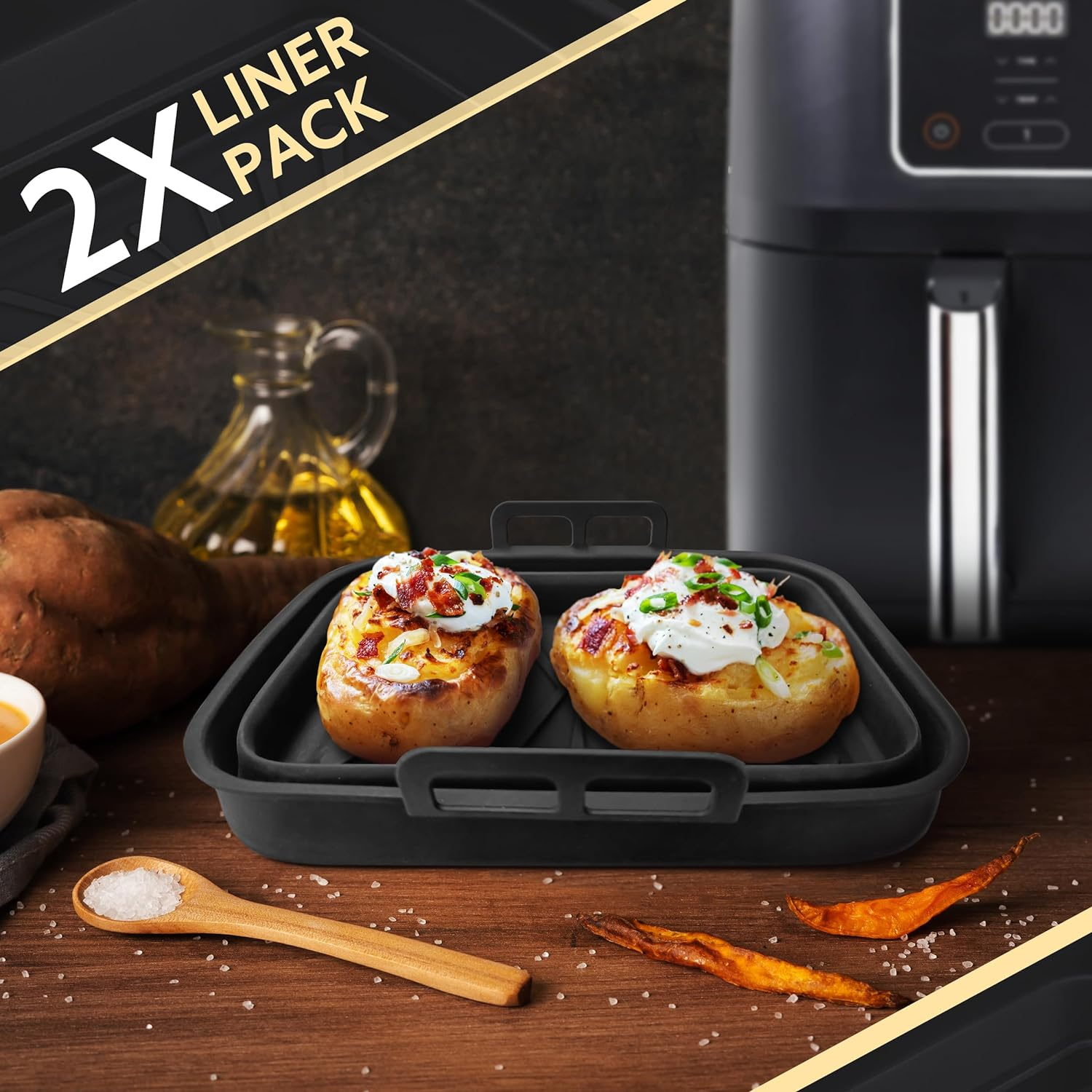 Tydi 2X Premium Silicone Air Fry Liners Ninja AF400UK 9.5L & Tower T17088-21 X 16 4.5 Cm Fryer Made Specifically the AF400 Reusable Accessories, Black (TY-SAF-AF400UK) image number 4