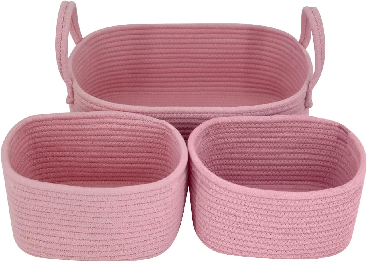 Set of 3 Nursery Storage Baskets, Baby Nursery Baskets, Small Woven Baskets for Storage, Cotton Rope Baskets for Toys, Basket with Handles, round Towel Basket Bins - Baby Pink image number 5