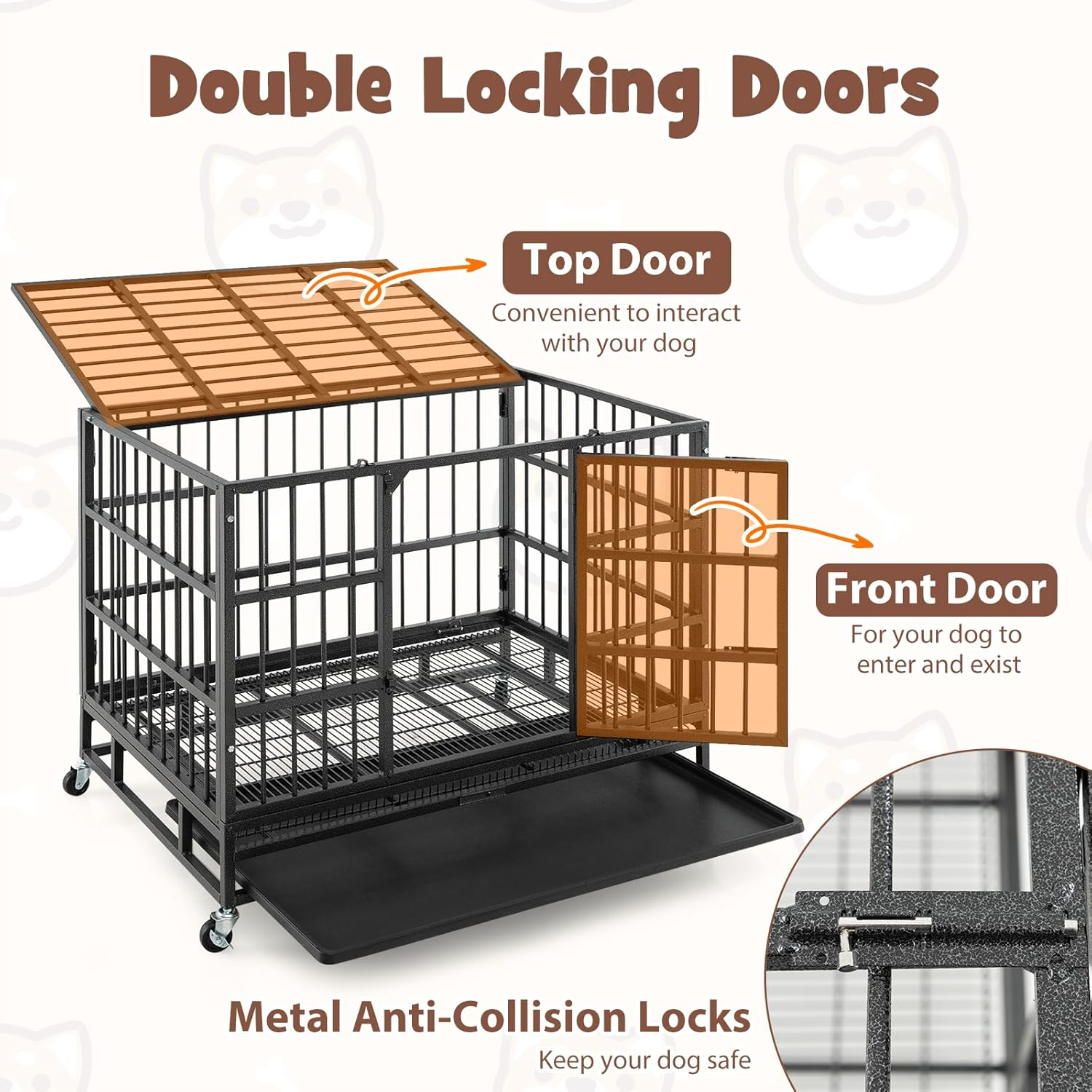 Costway 96CM/120CM Foldable Heavy-Duty Metal Dog Cage W/Lockable Rolling Casters, Removable Tray, 2 Lockable Doors, Chew-Proof Dog Crate, Indoor & Outdoor Portable Dog Kennel Crate (96 X 65 X 77 Cm) image number 5