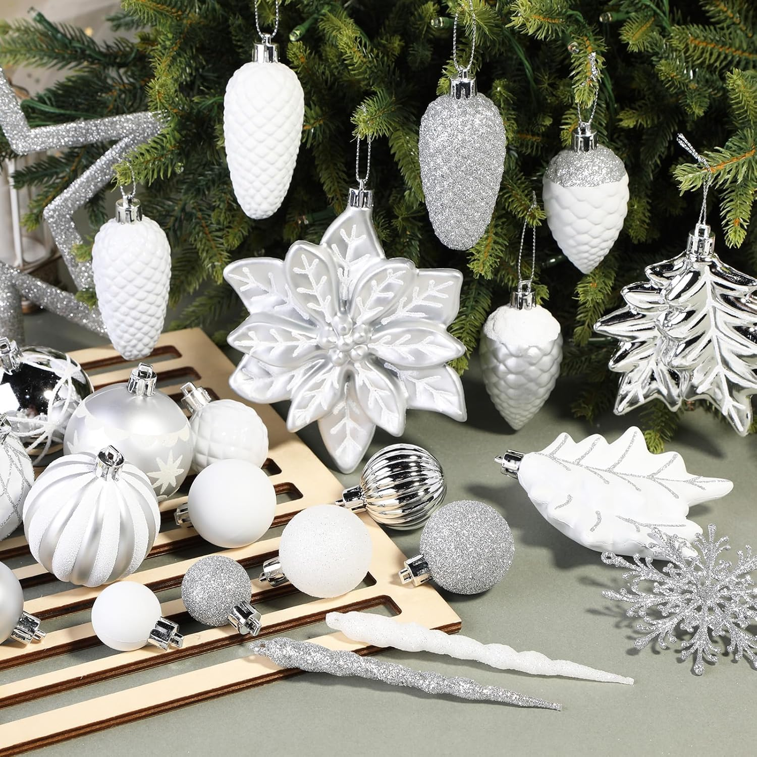Shareconn 106PCS Christmas Balls Ornaments Set, Colorful Shatterproof Plastic Decorative Baubles for Xmas Tree Decor, Holiday, New Year, Wedding Party Decoration with Hooks Included, White &Silver image number 4