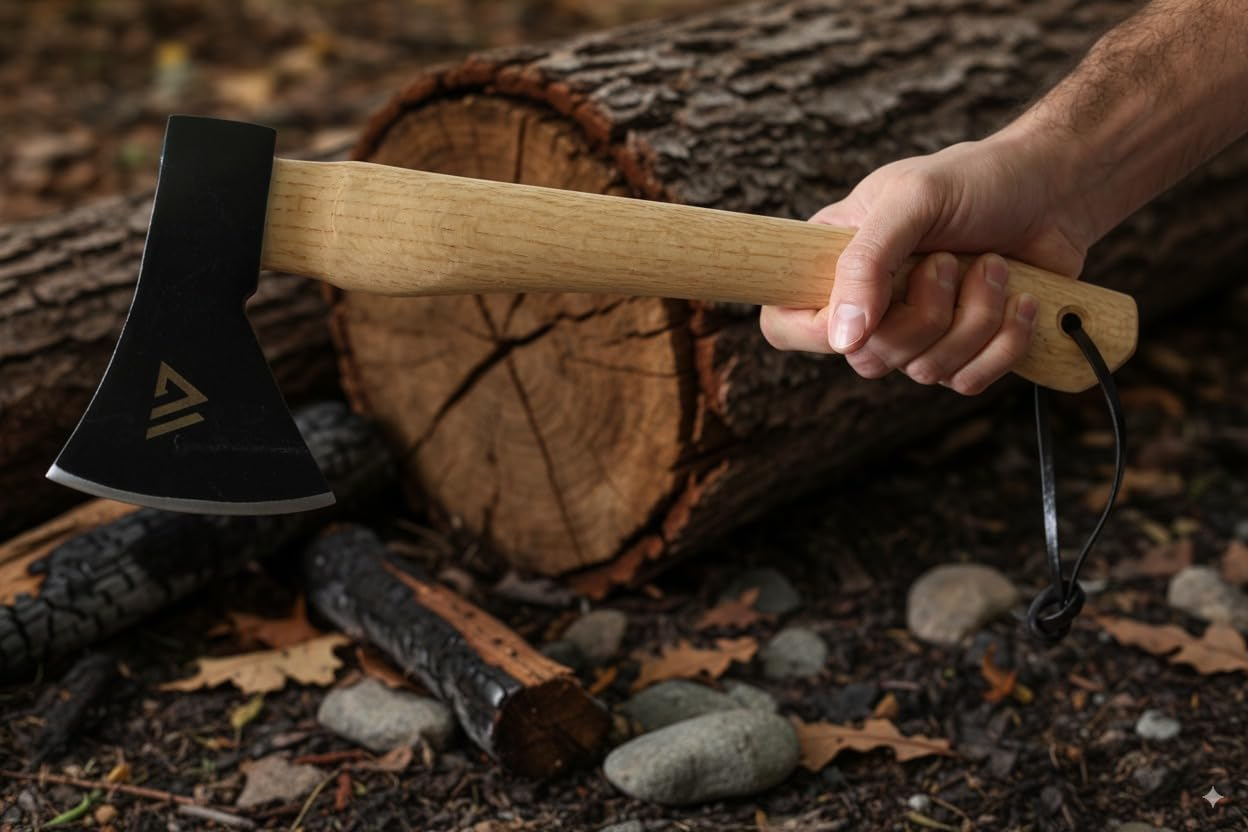 Wilora Wood Handle Hatchet | Camping Axe with Ring-Cupped Oak Handle, 45# Steel Blade, PU Sheath, and Lanyard | Firewood Splitting and Survival Tool image number 1