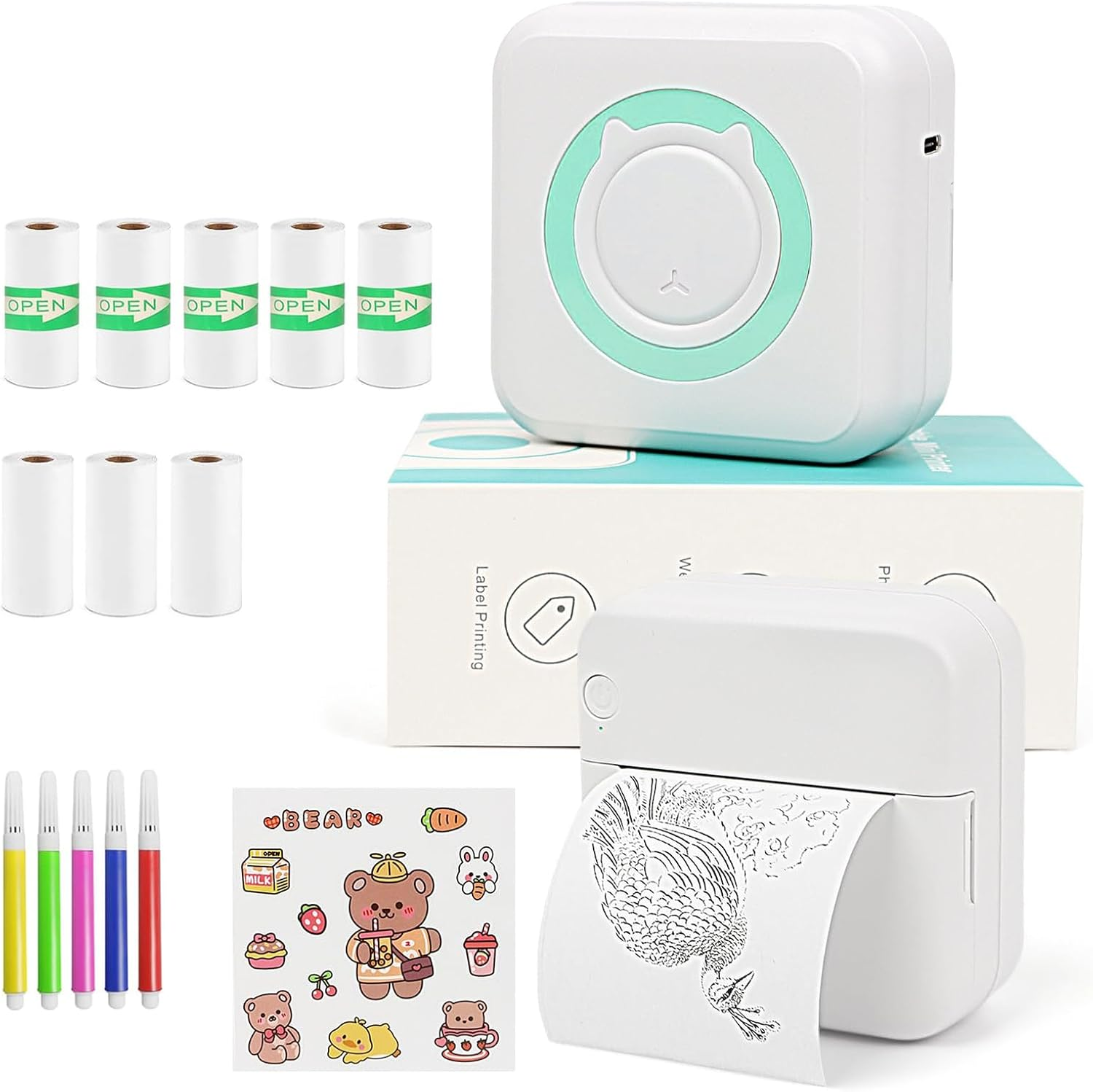 Print Pods Mini Printer Kits with 3 Rolls Printing Paper, 5 Rolls Self-Adhesive Paper, Watercolor Pens, Cartoon Stickers, Portable Bluetooth Phone Pocket Sticker Thermal Printer for Study, Photos, DIY image number 2