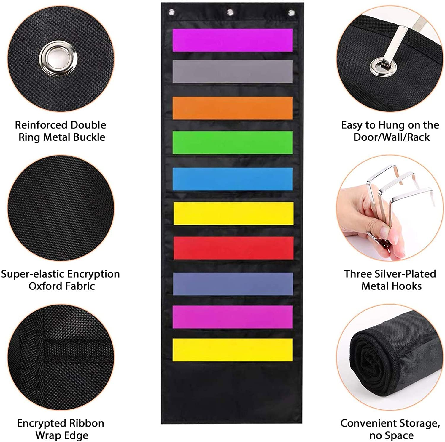 Black Storage Pocket Chart with 10 Pockets 3 over Door Hangers Included Hanging Wall File Organize image number 4
