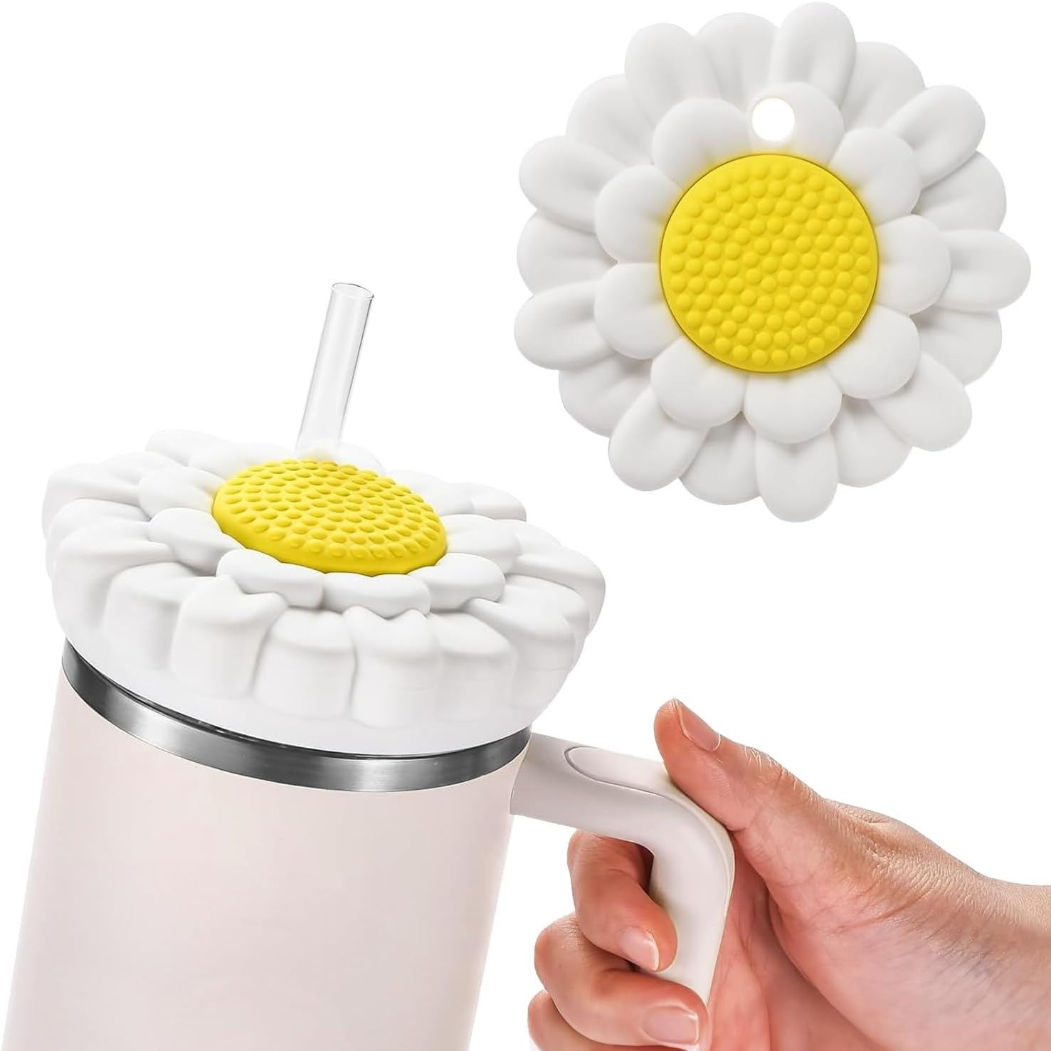 Dustproof Lid for Stanley 40Oz Tumbler with Handle - Flower Silicone Dust Cover, Anti-Scratch Accessory (White) image number 6