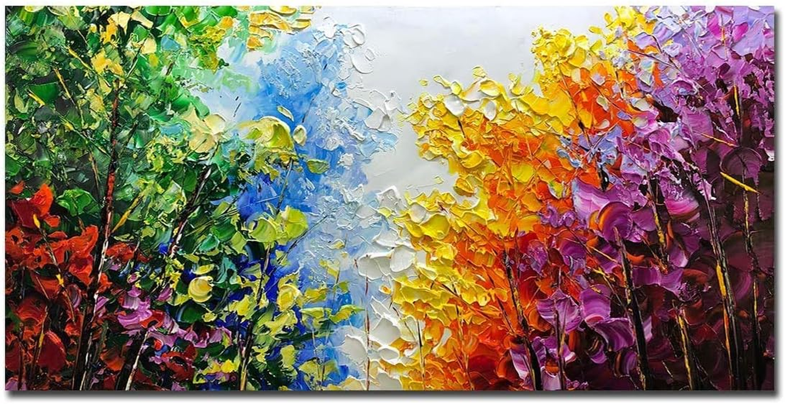 Framed Oil Painting,Hand Painted Modern Abstract Textured Big Wall Paintings,Can Be Hung Home Decoration Large Canvas Wall Art,Colorful Forest (100 X 50 Cm) image number 4