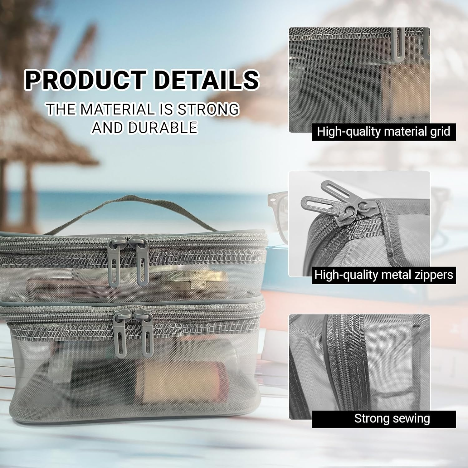 Double Layer Makeup Bag, Mesh Cosmetic Bag with Handle, Double Zipper Beauty Make up Bag, 2 Compartment Toiletries Storage Bag, Portable Travel Cosmetic Case Organizer for Women Girls, Gray