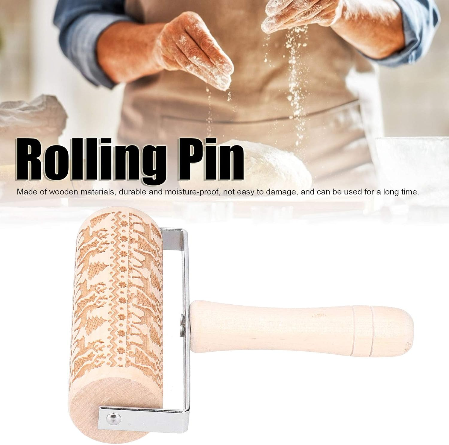 Christmas Wooden Rolling Pin for Baking, Engraved Embossing Rolling Pin Cookie Stamps Roller Grid Cookies Kitchen Decor Tools for Baking Embossed Cookies image number 4