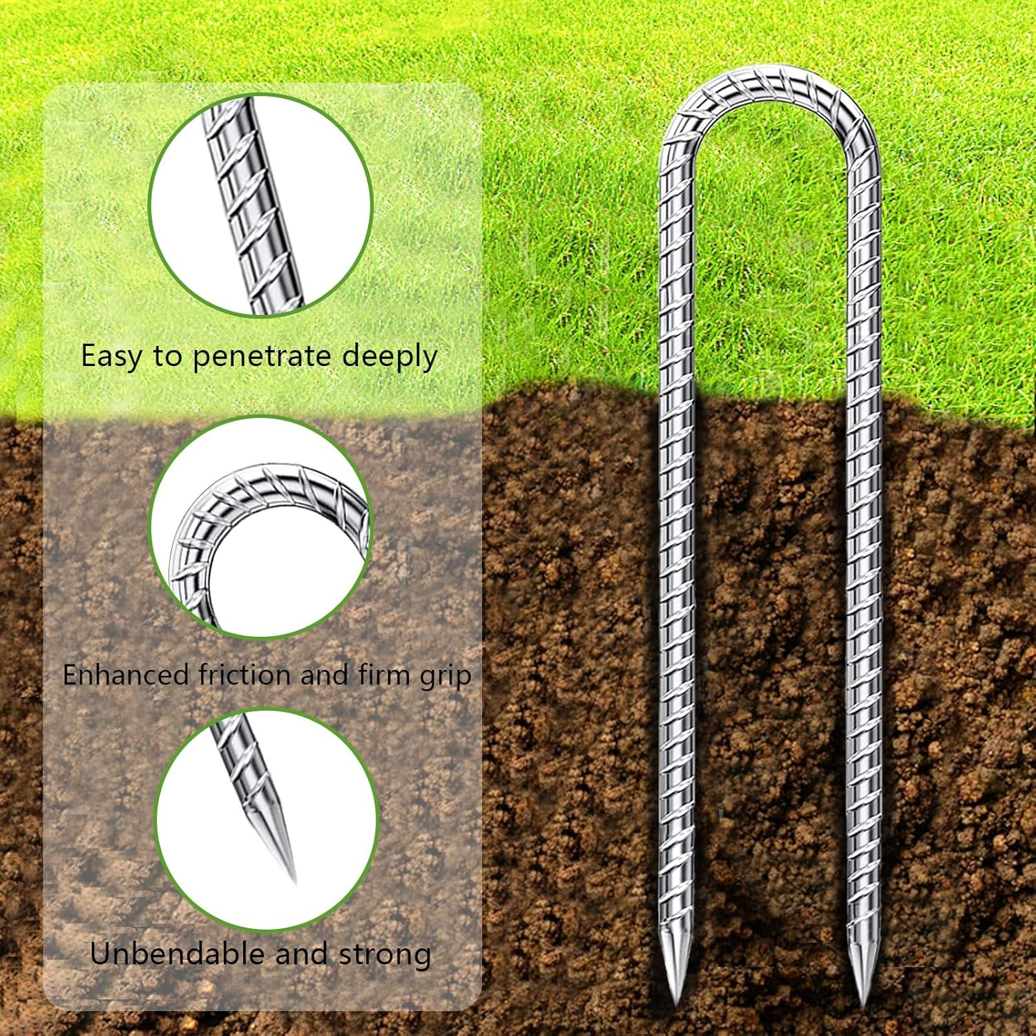 Rebar-Stakes-12-Inch-Galvanized, U Hook Trampoline Stakes 10 Pack Ground Anchors Tent Stakes Heavy Duty for Plants Anti-Rust Landscape Fabric Stakes Artificial Turf image number 1
