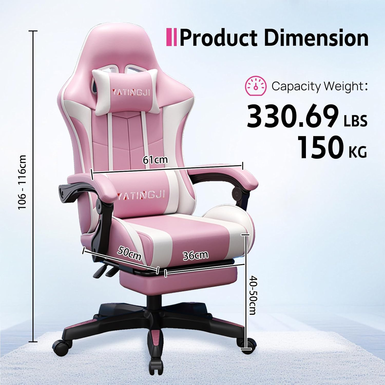Gaming Chair,With Head Cushion,Height Adjustable,Pu Leather Racing-Style Executive Seat,Reclining Capability,Suitable for Office Chair (Pink and White with Head Cushion) image number 5