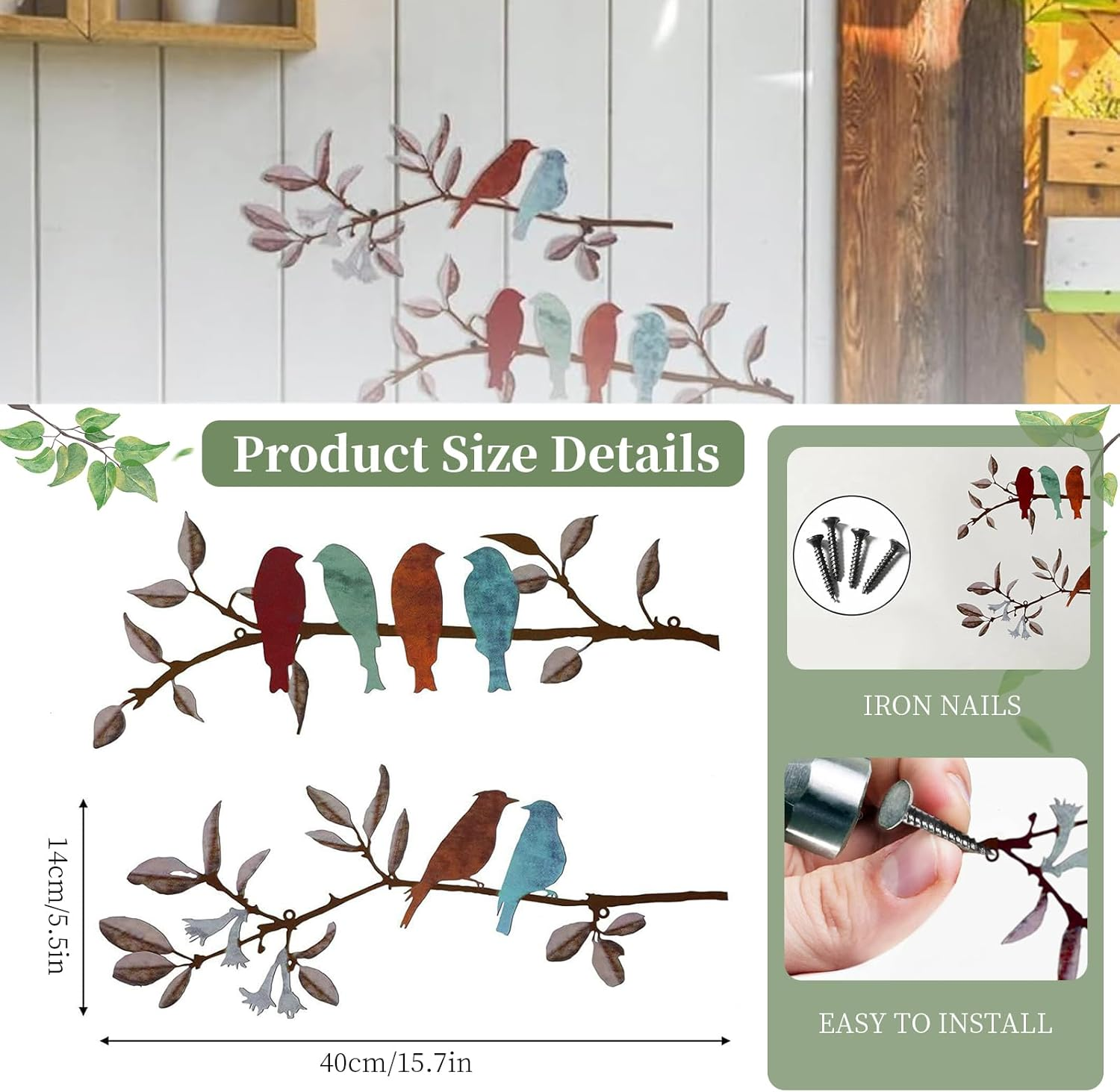 2 Pcs Metal Birds Hanging Bird Picture Wall Decor, Vivid Birds on Branch Art, Metal Silhouette Sculpture, Colorful Leaves Rustic Decor, for Balcony Garden, Indoor & Outdoor (Black) image number 6