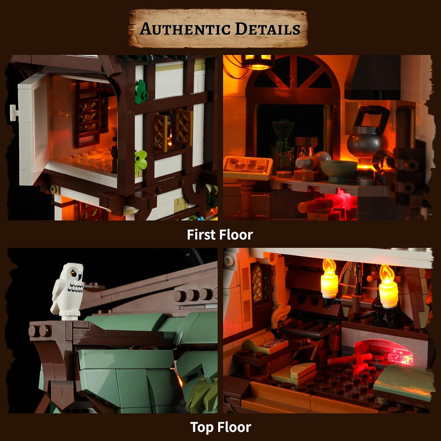 FUNWHOLE Medieval Apothecary Shop Lighting Building Bricks Set - Compatible with Standard Bricks Medieval Series House Collectible Display 1470 Pcs for Adults and Teen