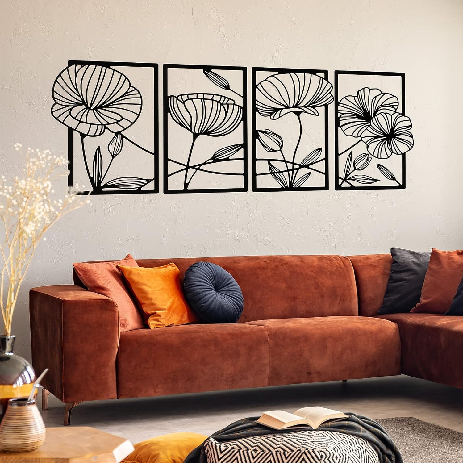 Cunno 4PCS Metal Line Art Wall Decor Living Room Metal Flower Minimalist Sculpture Modern Aesthetic Poppy Floral Minimalist Wall Hanging Bedroom Home Kitchen Bathroom 16.5X11.9'' (Black) DAY-234 image number 4