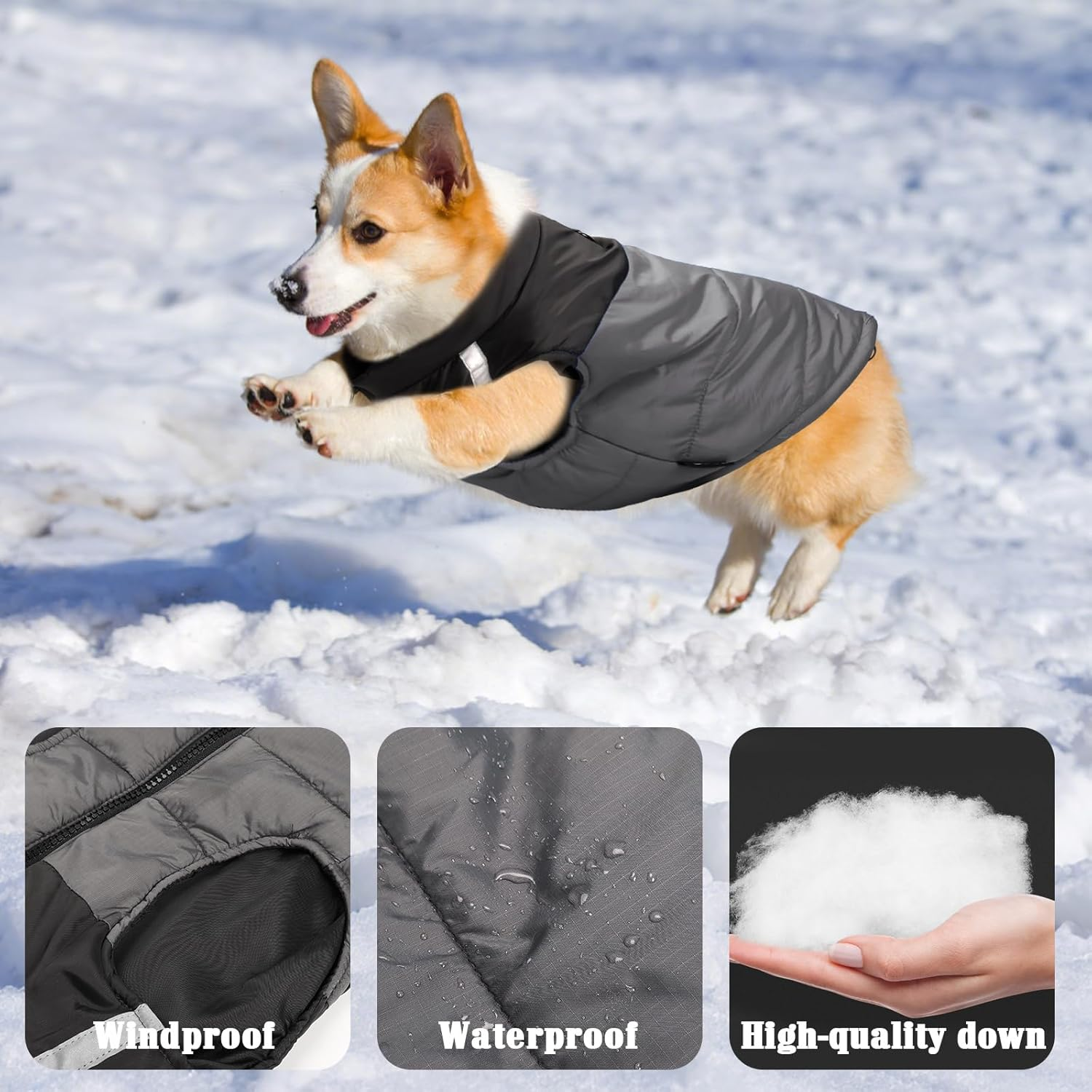 Dog Coat - Water Resistant, Windproof Winter Warm Dog Clothes for Small Medium Dogs 2.2-19.8Lb,Dog down Jacket with Leash D-Ring Outdoor (Grey, M) image number 4