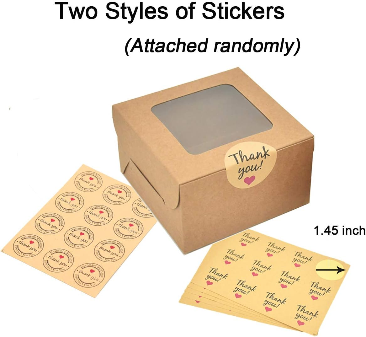 50 Pack Brown Bakery Boxes, 4X4X2.5 Inches Small Pastry Treat Boxes with Window, Gift Packaging for Cookies, Pastries, Mini Cakes, Donut, Pie Slice, Stickers Included image number 4