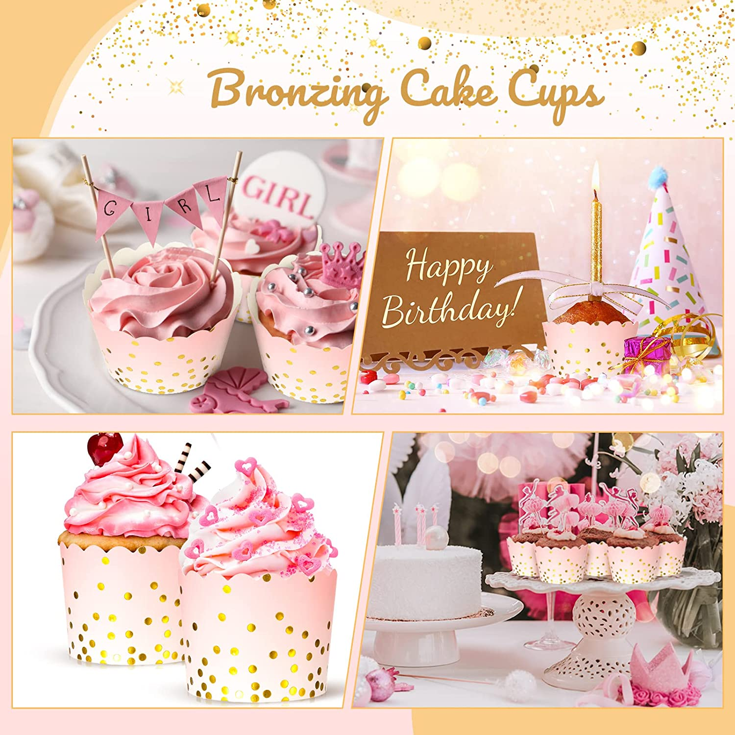 100 Pcs Pink Cupcake Liners 4.5 Oz Gold Polka Dot Paper Baking Cups for Muffins Desserts Bake, Easter, Baby Showers, Wedding and Birthday Party image number 1