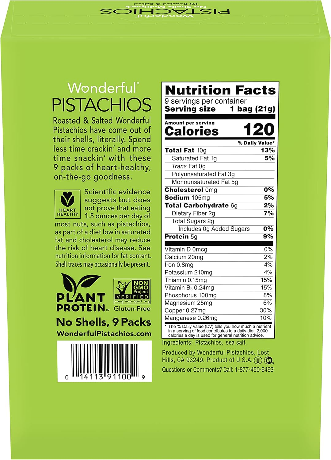 Wonderful Pistachios; No Shells, Roasted & Salted Nuts, Pack of 9 (0.75 Ounce Bags); Protein Powered; Gluten Free; On-The Go-Snack image number 2