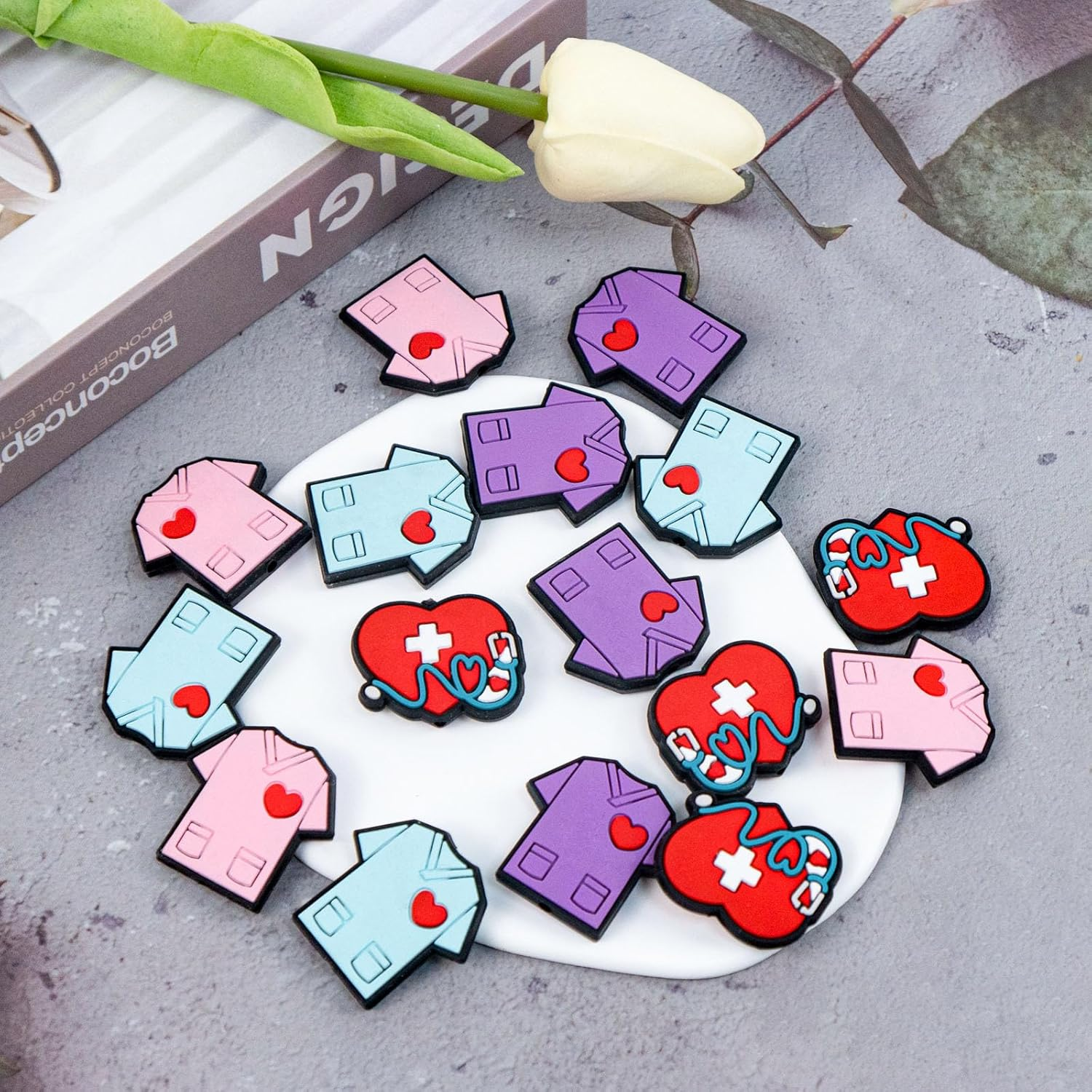 16 Pcs Stethoscope Silicone Focal Beads Nurse Colorful Silicone Focal Beads Bulk DIY Crafts Loose Spacer Beads for Keychain Jewelry Making Accessories Handmade Crafts image number 2