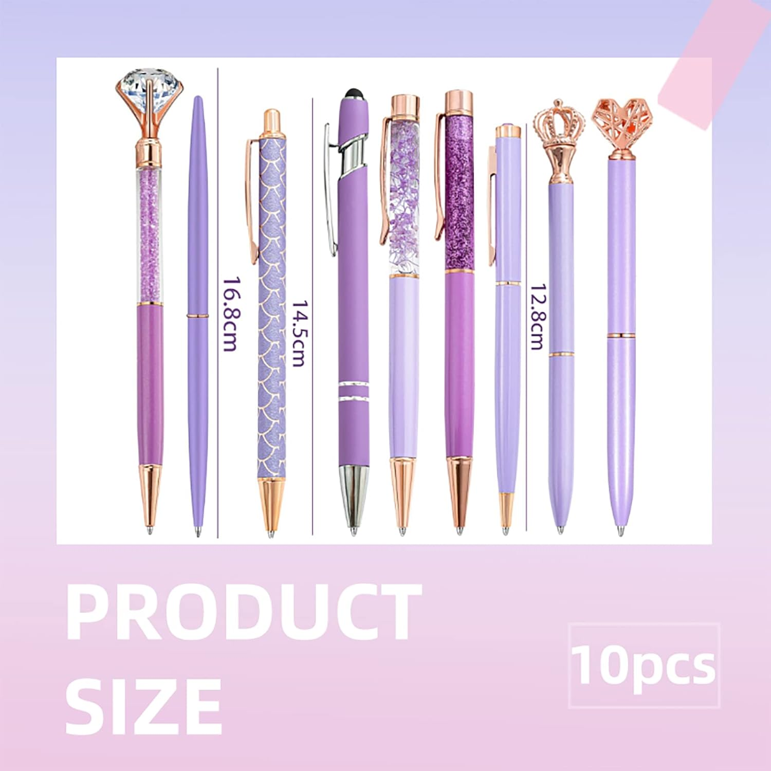 10 Pcs Purple Glitter Ballpoint Pens,Comfortable Writing Pens,Metal Retractable Pretty Journaling Cute Pens Bulk, Black Ink Medium Point (1.0Mm) image number 2