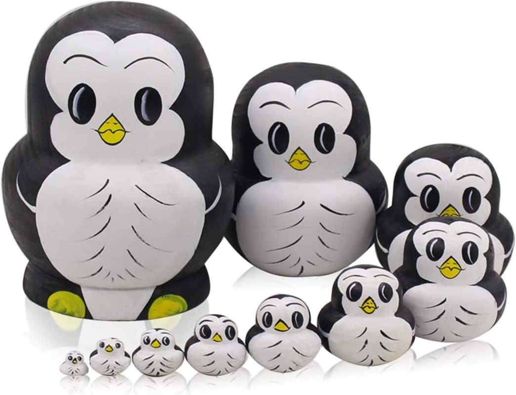 Moonmo 10Pcs Animal Pattern Wooden Nesting Toys Russian Nesting Dolls Matryoshka Stacking Dolls Penguin image number 2