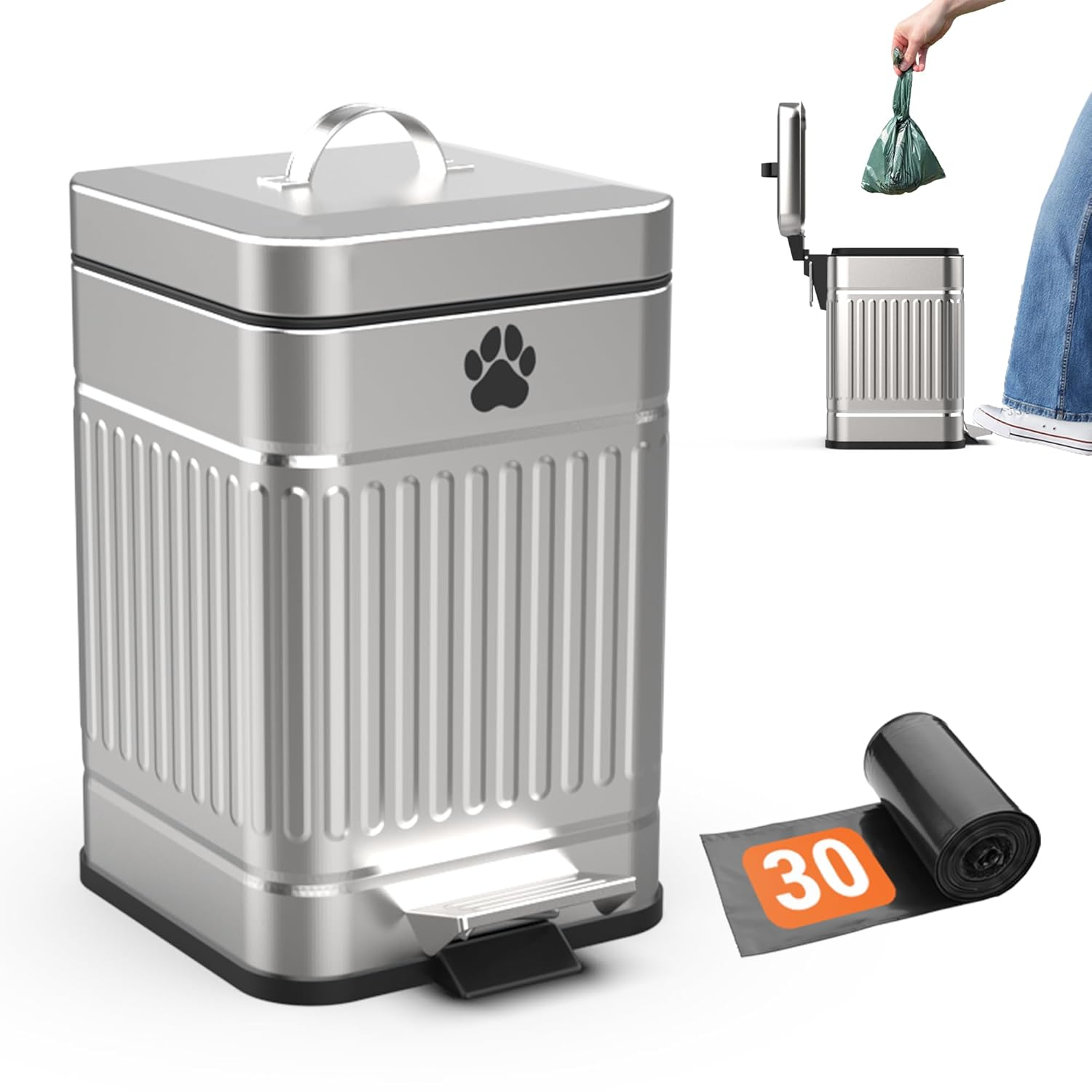 Pupzle Small Dog Poop Trash Can Outside, 1.3 Gal Metal Dog Waste Trash Can, Small Poop Bucket Outdoor with Lid, Poo Container Bin Waterproof Backyard Odor Control, 30 Bags (Black)