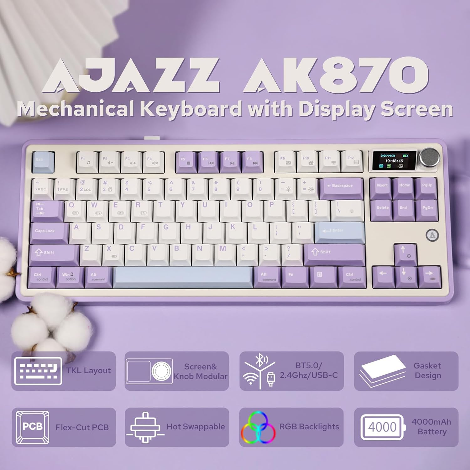 Mechlands Ajazz AK870 87 Keys Gasket Wireless Gaming Keyboard with Screen & Knob, Bt5.0/2.4Ghz/Usb-C Mechanical Keyboard, with 5-Layer Padding, Flex-Cut PCB, NKRO for Win/Mac (Purple, Hyacinth Switch) image number 5