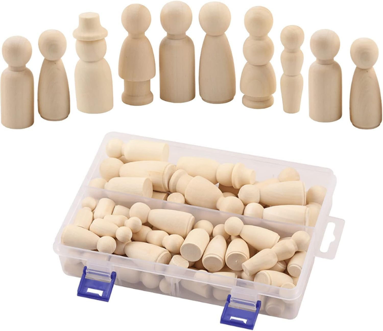 55Pcs Wooden Peg Doll, Betterjonny Wooden Unfinishied Peg People Dolls Decorative DIY Doll People with Storage Case in Assorted Sizes for DIY Arts and Crafts image number 4