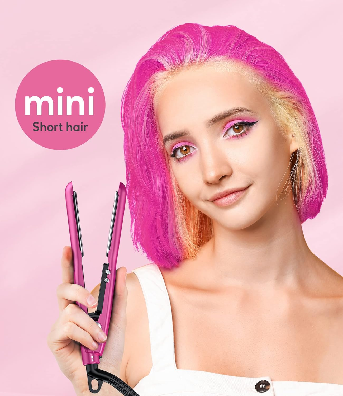 Terviiix Mini Flat Iron Adjustable Temperature, Travel-Size Mini Hair Straightener, Small Flat Irons for Short Hair/Curls Bangs, Ceramic Portable Tiny Hair Curler, Dual Voltage, Auto-Off, Pink, 1/2'' image number 1