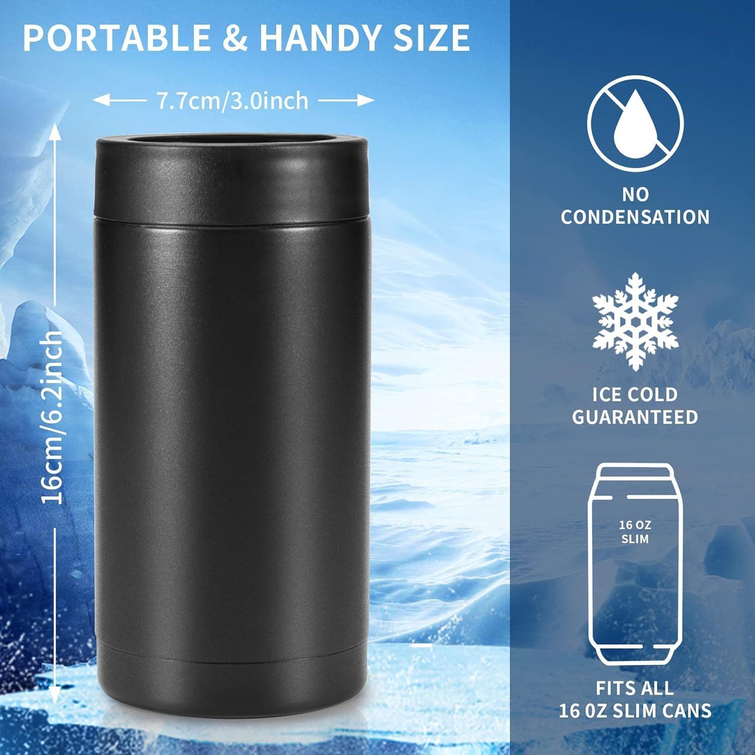 Beer Can Cooler, 16Oz Stainless Steel Double Wall Insulated Can Cooler, Beer Bottle Holder, Bottle or Tumbler for Slim Beer & Hard Seltzer Cans, Gifts for Beer Lovers (Black) image number 5